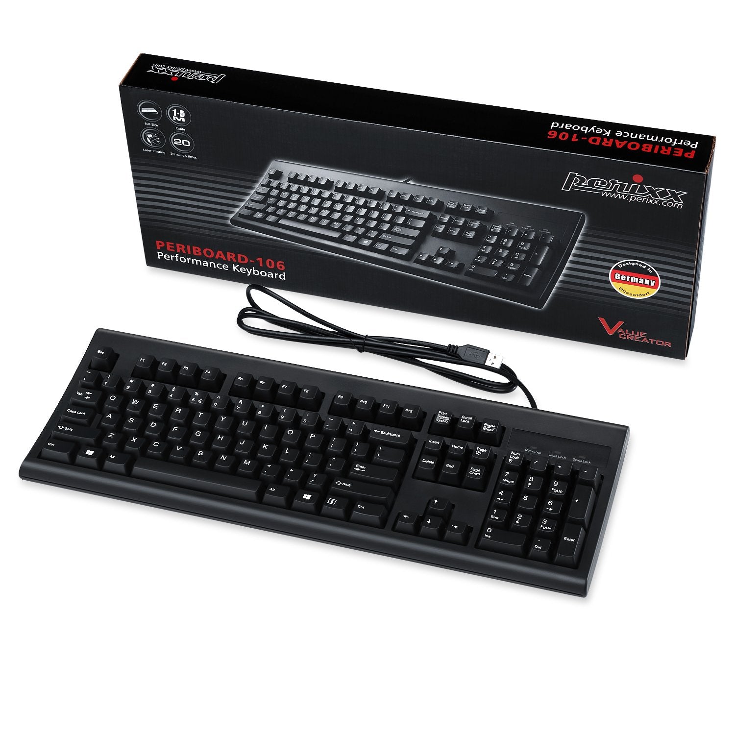 Perixx Periboard 106, Wired Performance Full Size Keyboard, Curve Ergonomic Keys, Black, Us English Layout (11204)