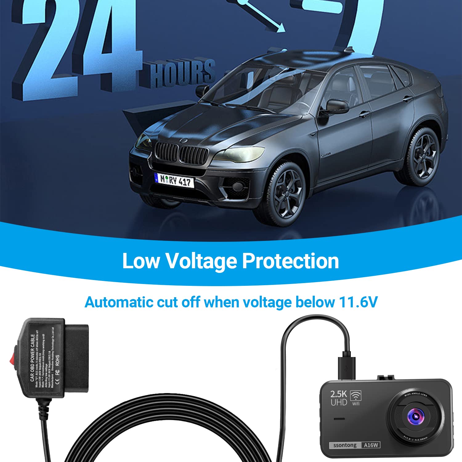 Ssontong Upgraded Obd2 Obd Power Cable For Dash Camera, Obd To Type C Usb Obdii Adapter Hardwire Charger Cable 24 Hours Surveill