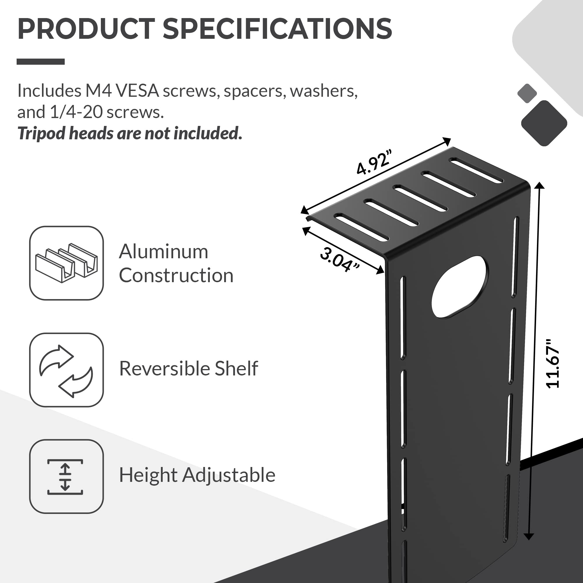 HumanCentric DSLR Monitor Mount - Small Aluminum Shelf for Desk, Black, Model 101-2096, Ideal for Camera, Webcam, and Microphone Use