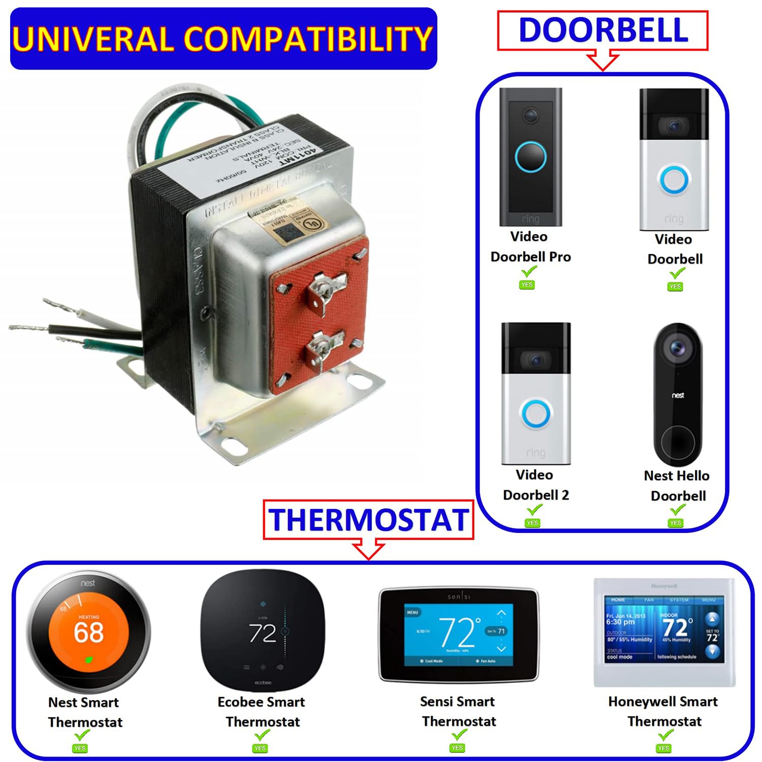 Bojack 24V 40Va Thermostat And Doorbell Transformer, Power Supply Compatible With Nest, Ecobee, Sensi And Honeywell Thermostat,