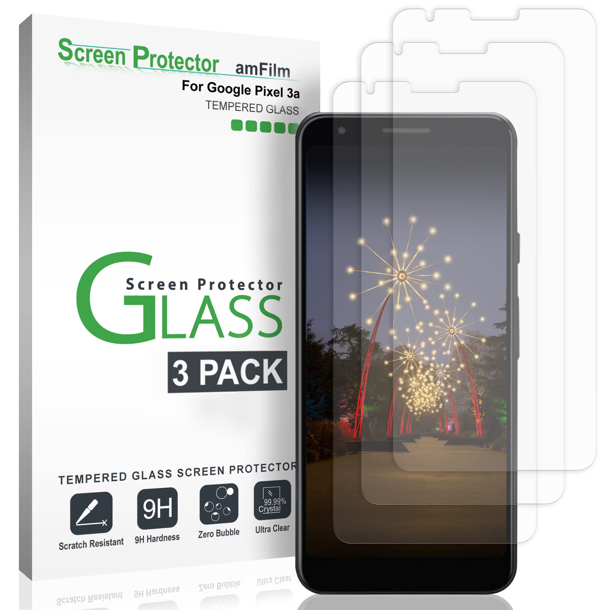 amFilm Glass Screen Protector for Google Pixel 3a (3 Pack) 0.2mm Tempered Glass (2019)
