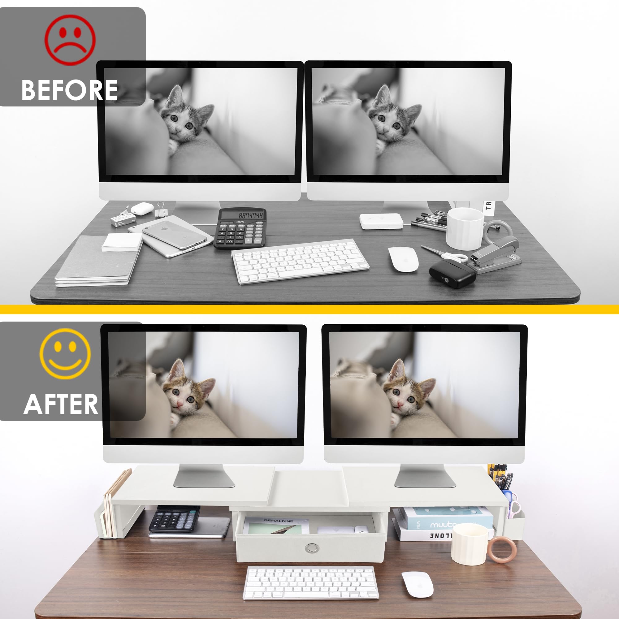 Ruilalife Dual Monitor Stand Riser W/ Drawer & Metal Leg, Large White Computer Monitor Riser W/ Storage For 2 Monitors, Desk She
