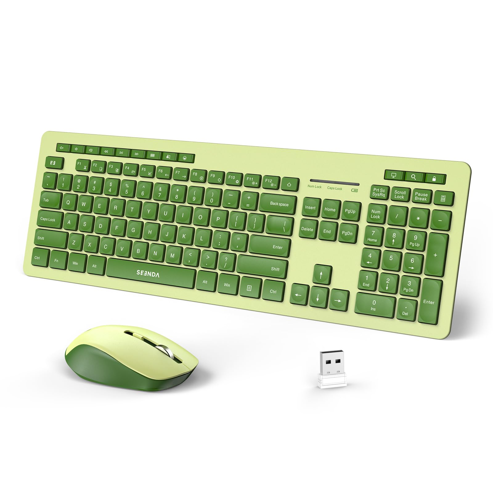 Seenda Wireless Keyboard And Mouse Combo, 2.4Ghz Cordless Quiet Keyboard Mouse With Usb Receiver, Full Size Cute Green Combo, Compatible For Windows Laptop Computer Desktop Pc, Light And Dark Green