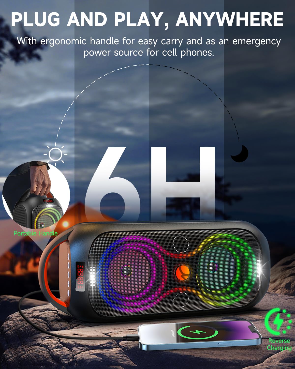 Portable Bluetooth Speaker With 120Db Loud Sound, Dynamic Led Lights, 5 Rgb Modes, Bluetooth 5.3, Usb/Tf/Aux/Fm/Mic Input/Tws, B