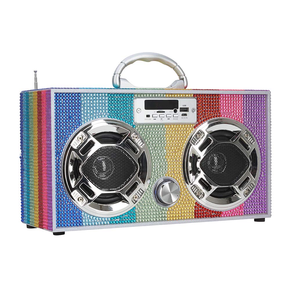 Wireless Express   Mini Boombox With Led Speakers �Retro Bluetooth Speaker W/Enhanced Fm Radio   Perfect For Home And Outdoor (Rainbow Bling)