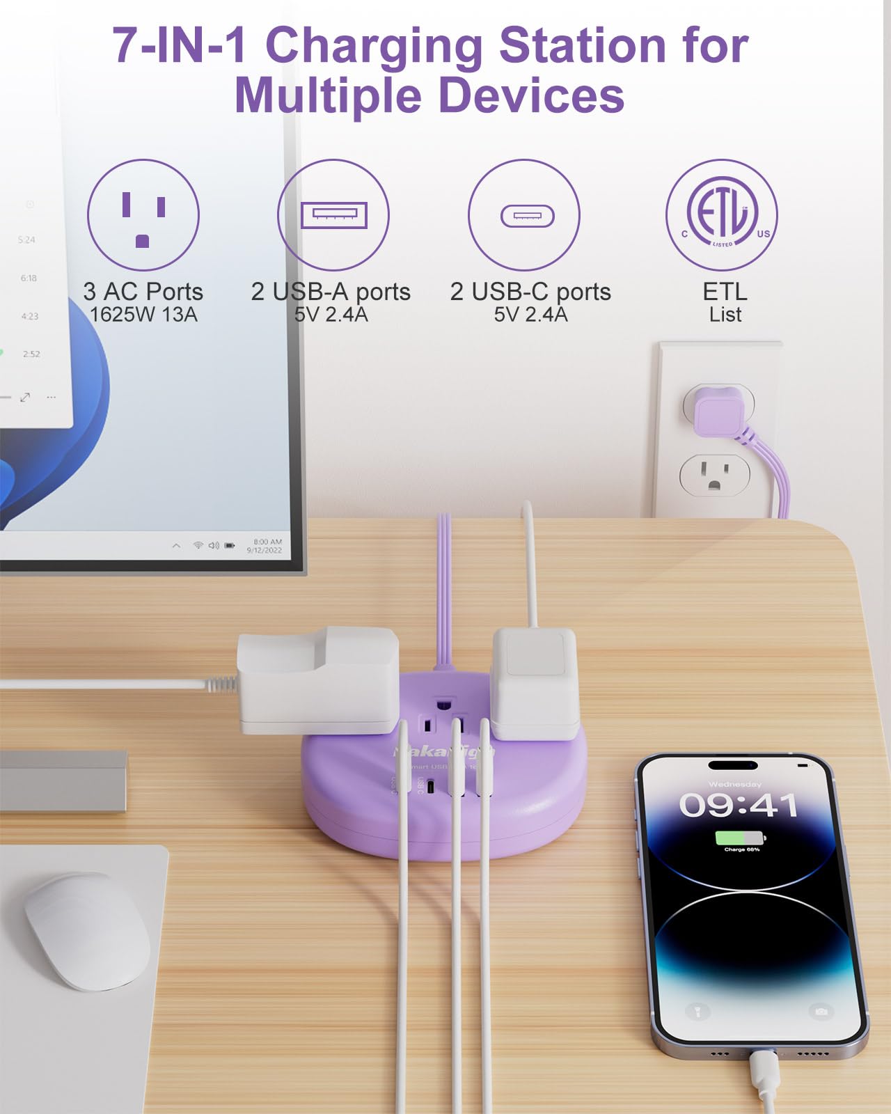 Purple Extension Cord With Surge Protected 1080J   5 Ft Flat Extension Cord, 1625W Cute Extension Cord With 3 Ac Outlet 4 Usb (2