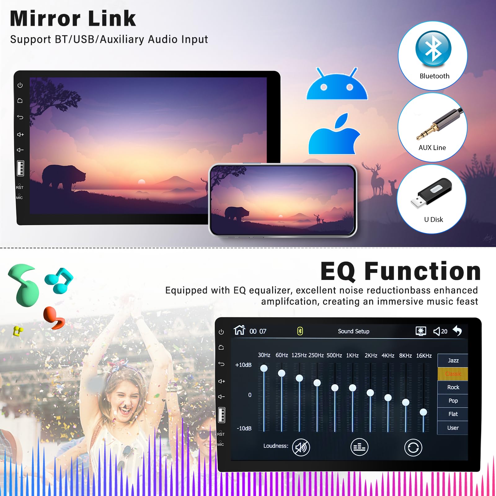 Sixwin Car Radio, 9 Inch Touchscreen Single Din Car Stereo With Bluetooth, Fm/Am, Mirror Link, Eq Function, Backup Camera, Steer