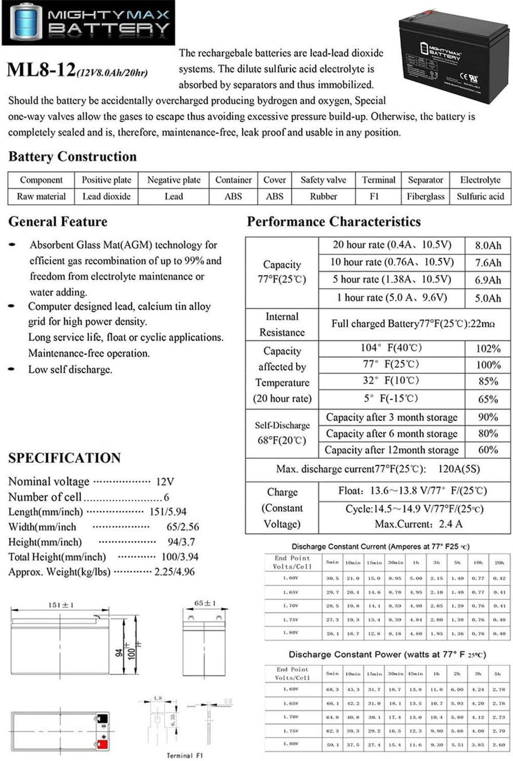 Ml8-12 - 12 Volt 8 Ah Sla Battery - Pack Of 4