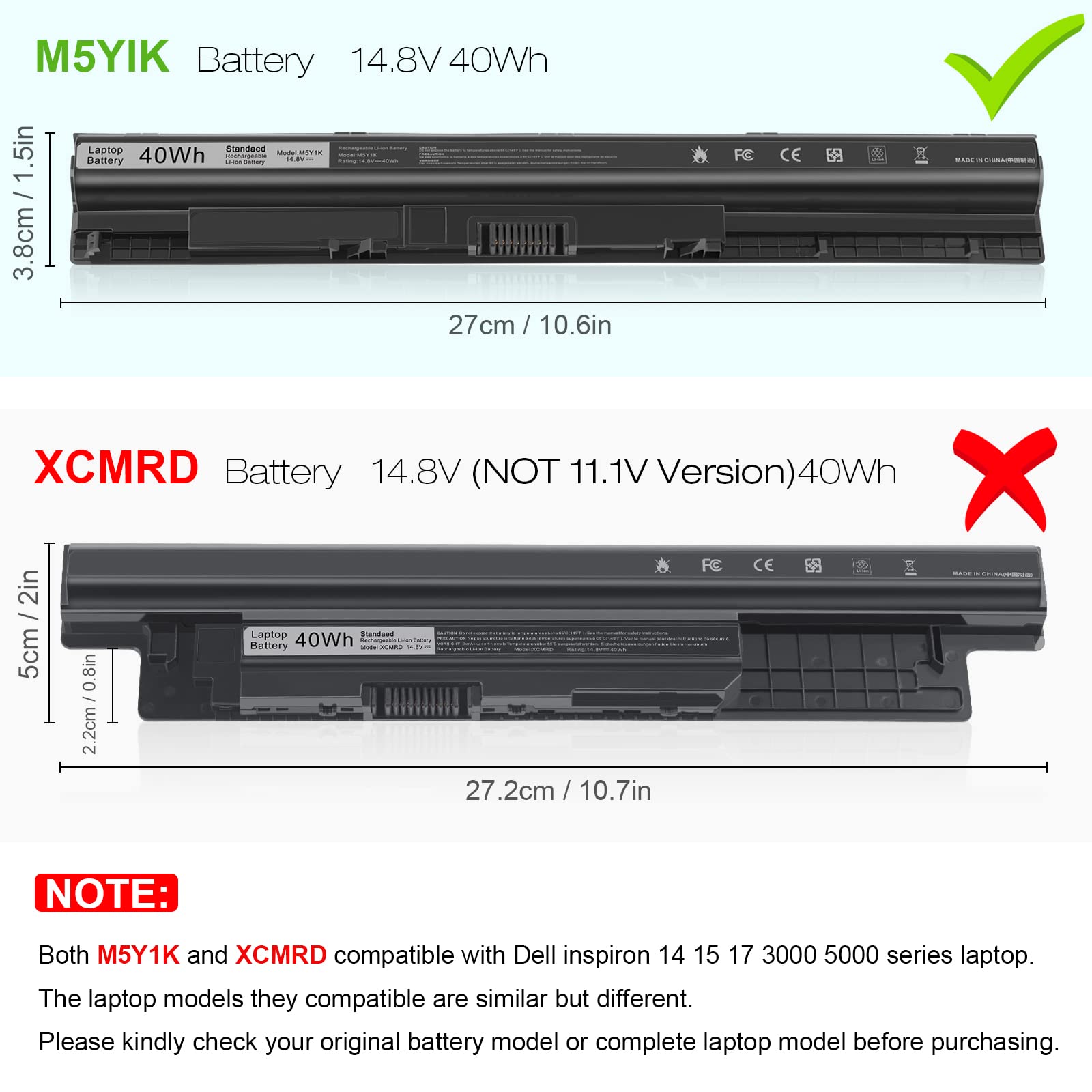 M5Y1K Laptop Battery For Dell Inspiron 14 15 17 5000 3000 Series 5559 5558 3551 3451 3558 I3558 3567 5755 5756 5458 5759 5758 57