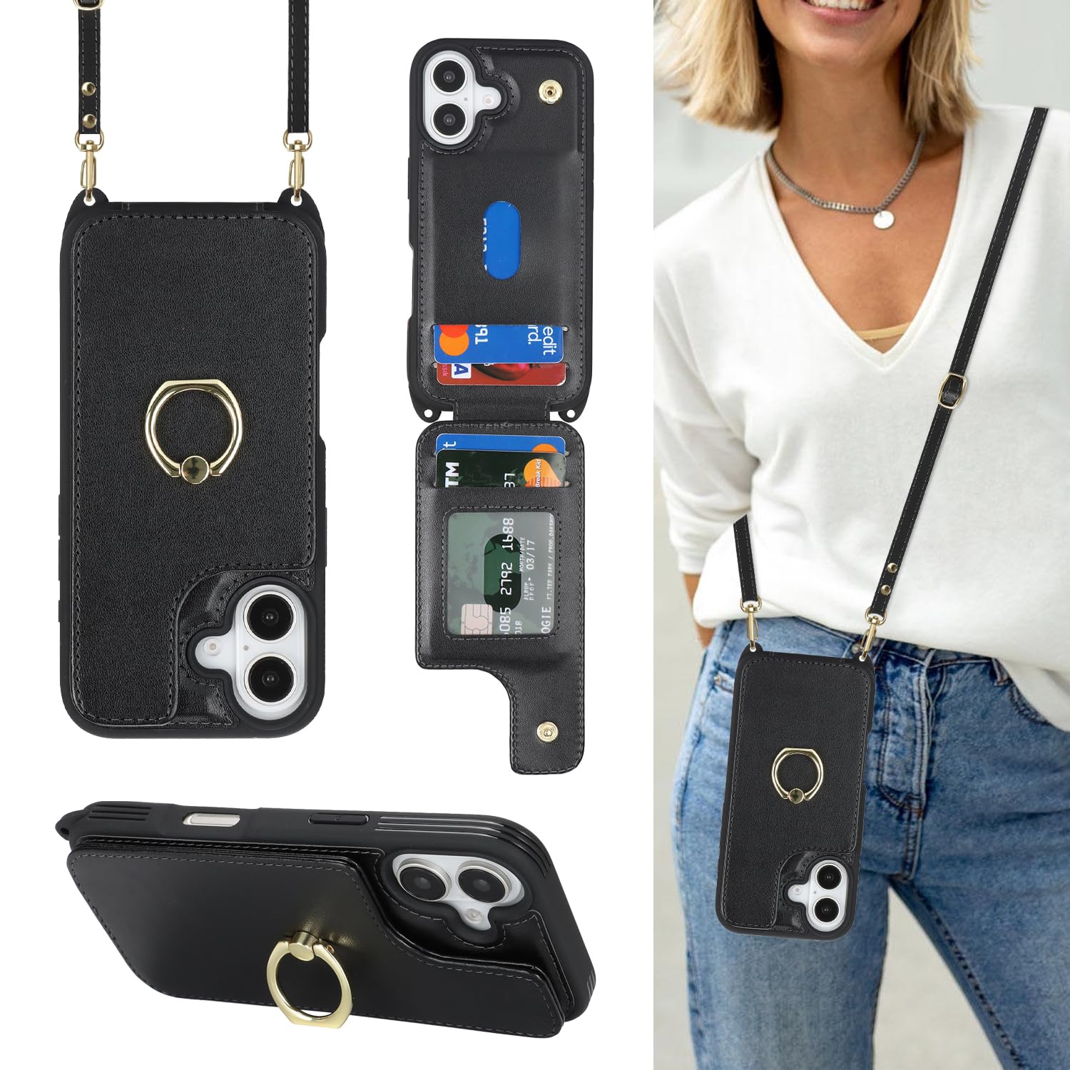 Lipvina for iPhone 17 Case with Card Holder and Strap for Women,Crossbody Lanyard,Ring Stand,Snap Clasp,Cute Phone Wallet Cases 