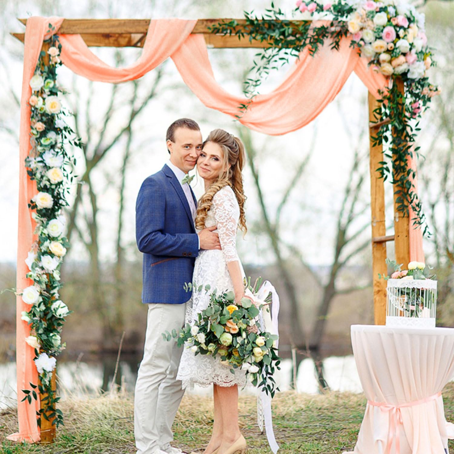 Fuhsy Wedding Arch Draping Fabric Peach Pink Chiffon Fabric Drapes 20Ft 1 Panel Sheer Curtains Wedding Arch Backdrop For Party C