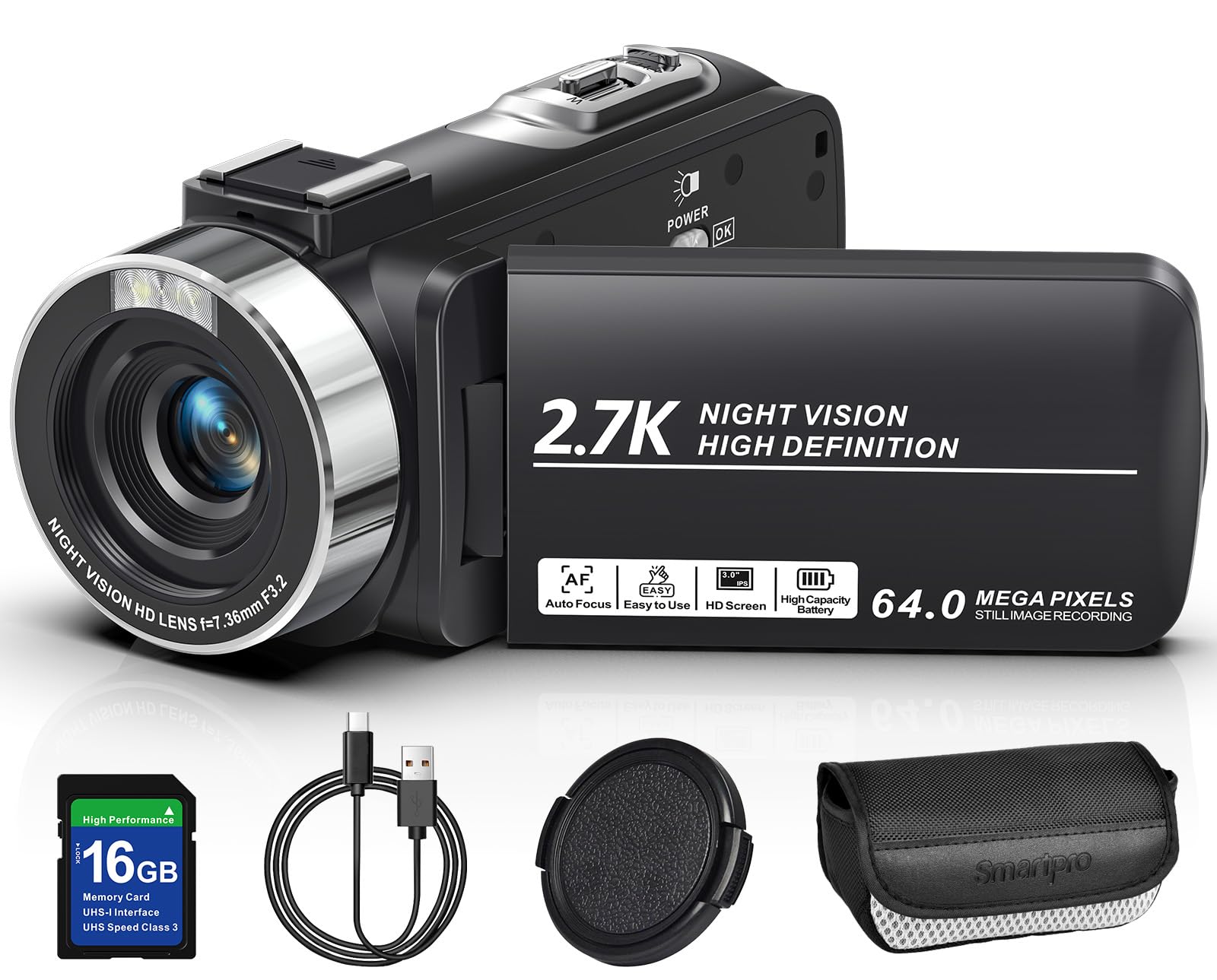2.7K 64MP Video Camera Camcorder IR Night Vision YouTube Vlogging Camera Webcam 16X Digital Zoom 270 Rotation Screen with 16G SD
