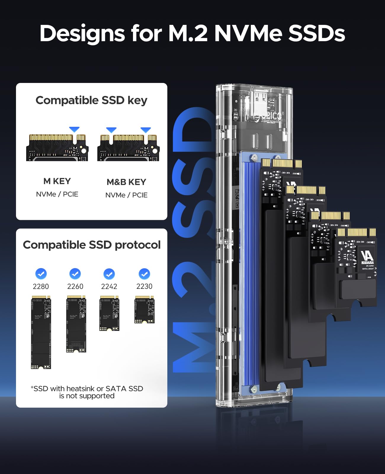 ORICO M.2 NVMe SSD Enclosure, USB 3.2 Gen 2 (10 Gbps), Transparent External Solid State Drive Adapter Enclosure for 2280 2260 2242 2230 PCI E M2 M Key SSD, USB Type C Converter Case TCM2 Blue