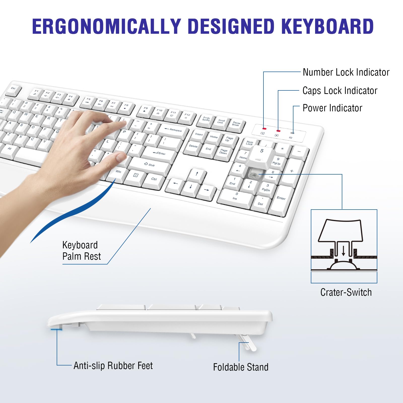 Quasio Wireless Keyboard, 2.4G Full Sized Ergonomic Wireless Computer Keyboard With Wrist Rest For Windows, Mac Os Laptop/Pc/Des