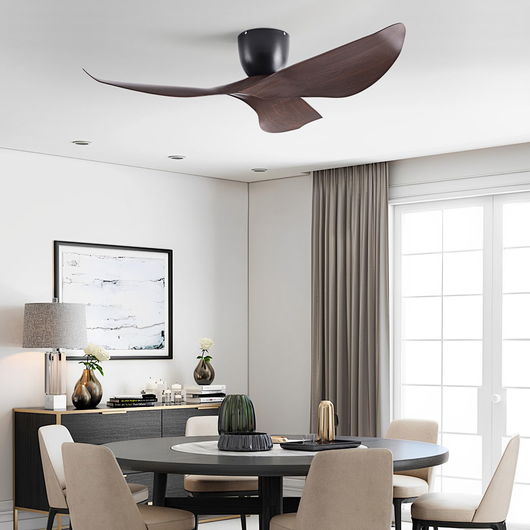 BUENION 52-Inch Ceiling Fan NO Light Included, Modern Low-Profile Flush Mount Fan with Remote, 6-Speed Reversible Quiet DC Motor