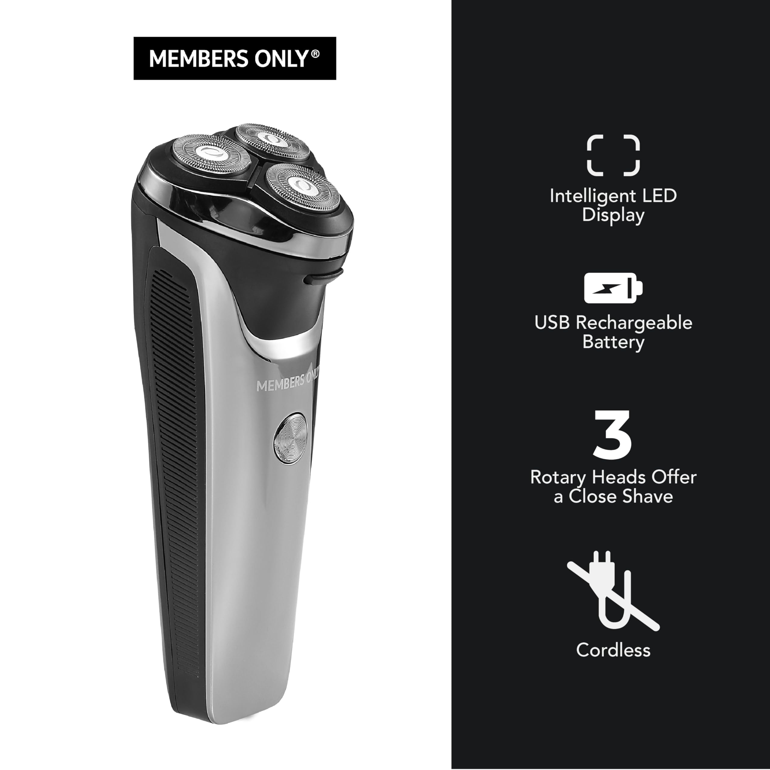 Members Only Electric Razor For Men, Lithium Metallic Cordless 3 Heads Rotary Shaver, Precision Trimming, Close Shave With Built
