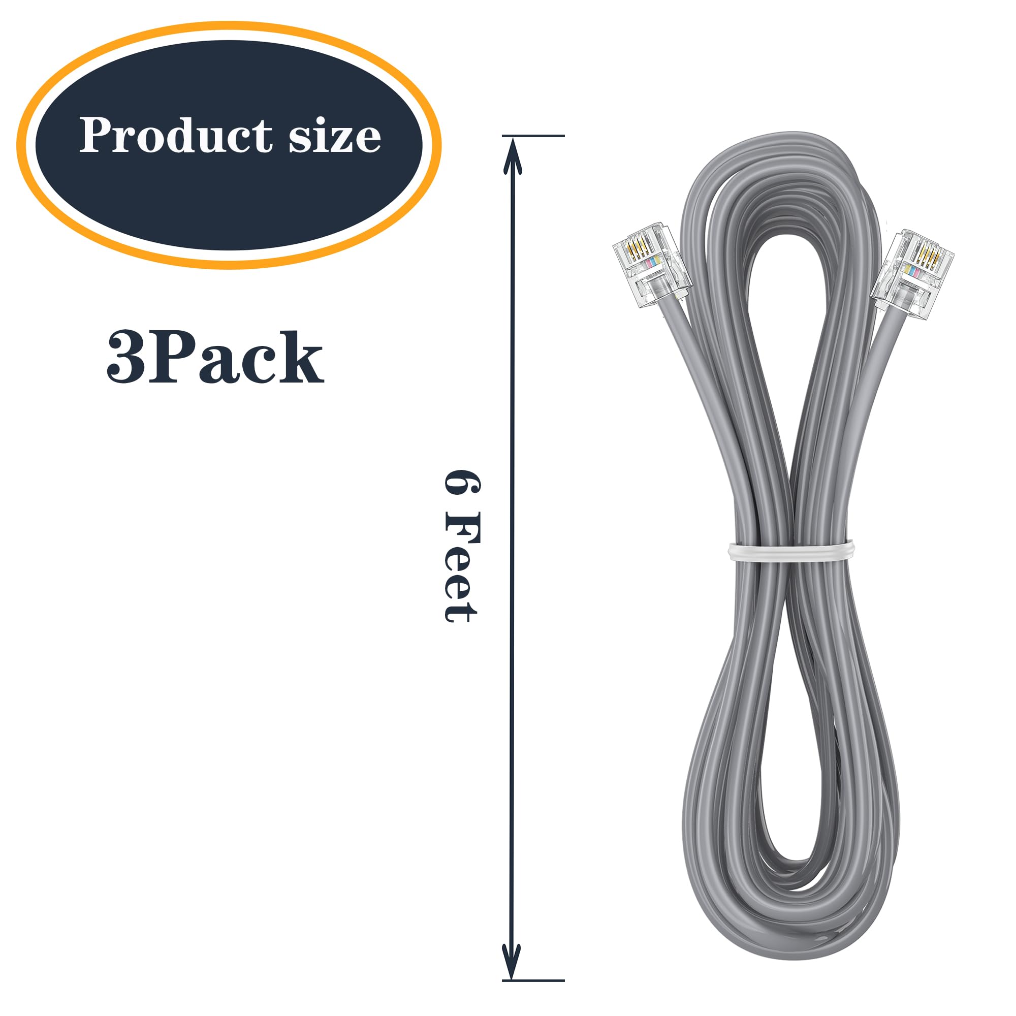 Ubramac 3Pack Phone Telephone Extension Cord 6.6Ft Cable Line With Standard Rj11 6P4C Plugs For Landline Phone And Fax (6.6F, Si