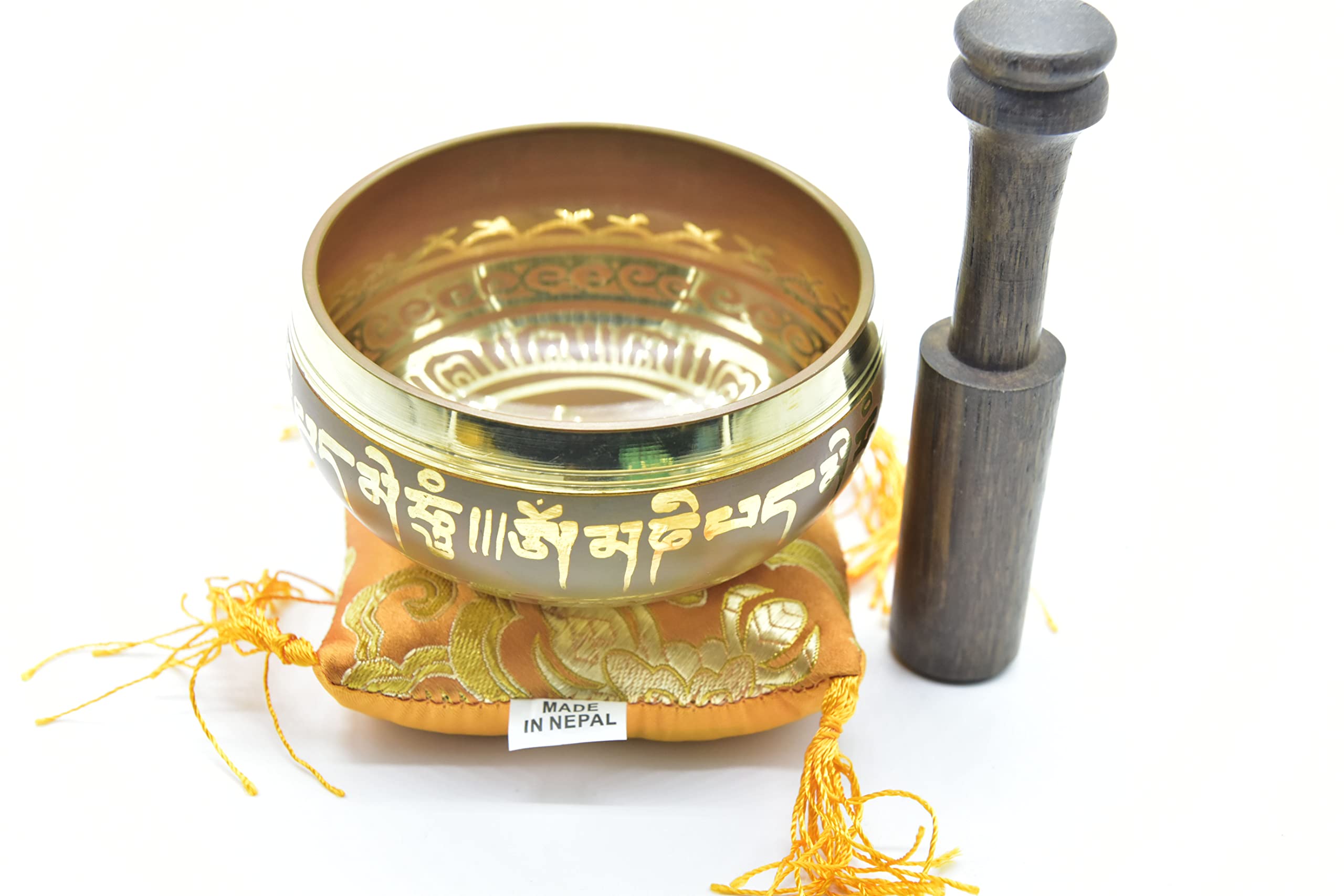 3.75'' Tibetan Meditation Yoga Singing Bowl Green Set With Free Wooden Mallet And Silk Cushion From Nepal, Singing Bowls. (Orang