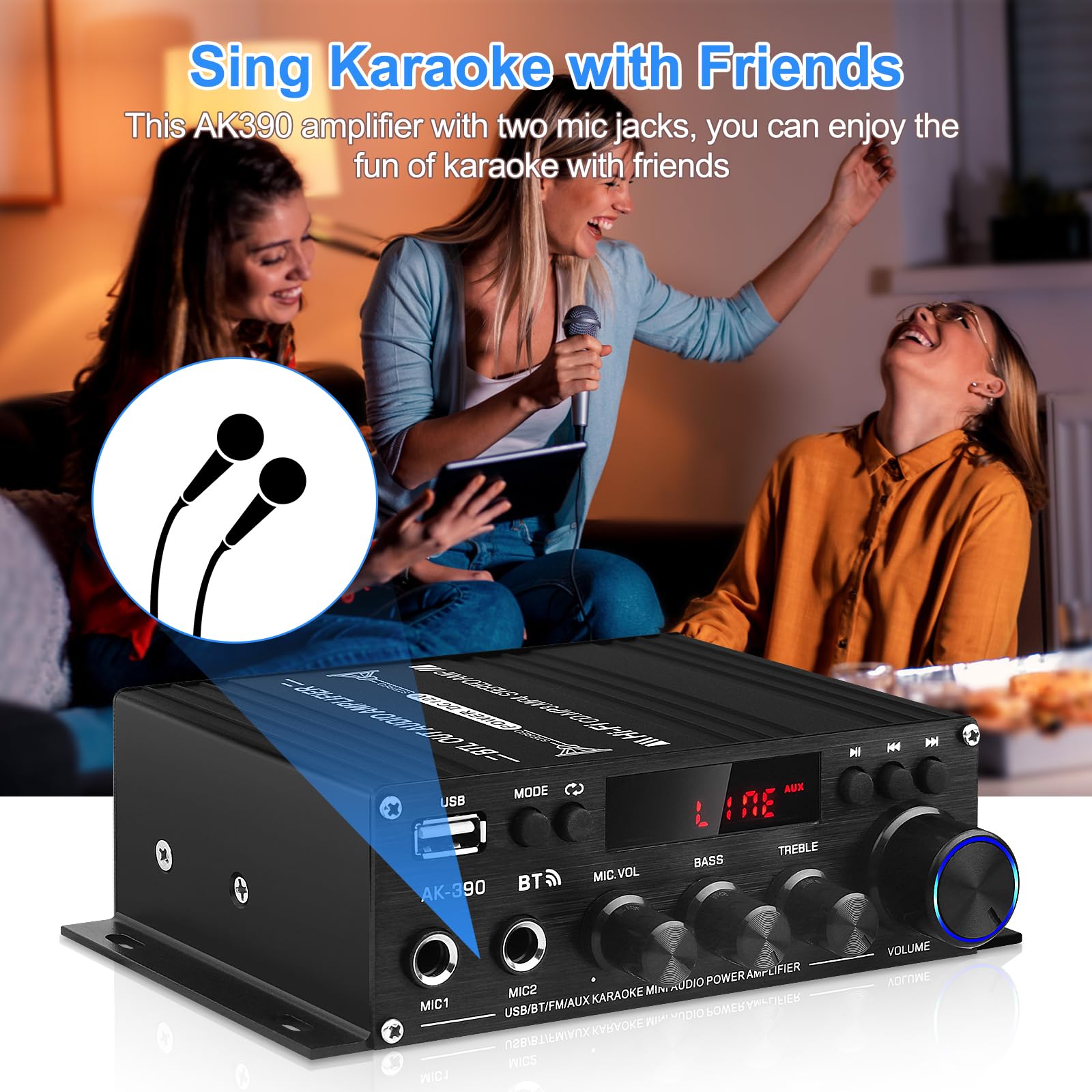 Stereo Amplifier Receiver For Home Speakers, Ak 390 Bluetooth5.0 Hifi Mini Audio Amp 2.0 Channel Rms 40W X 2 Audio Component Amp