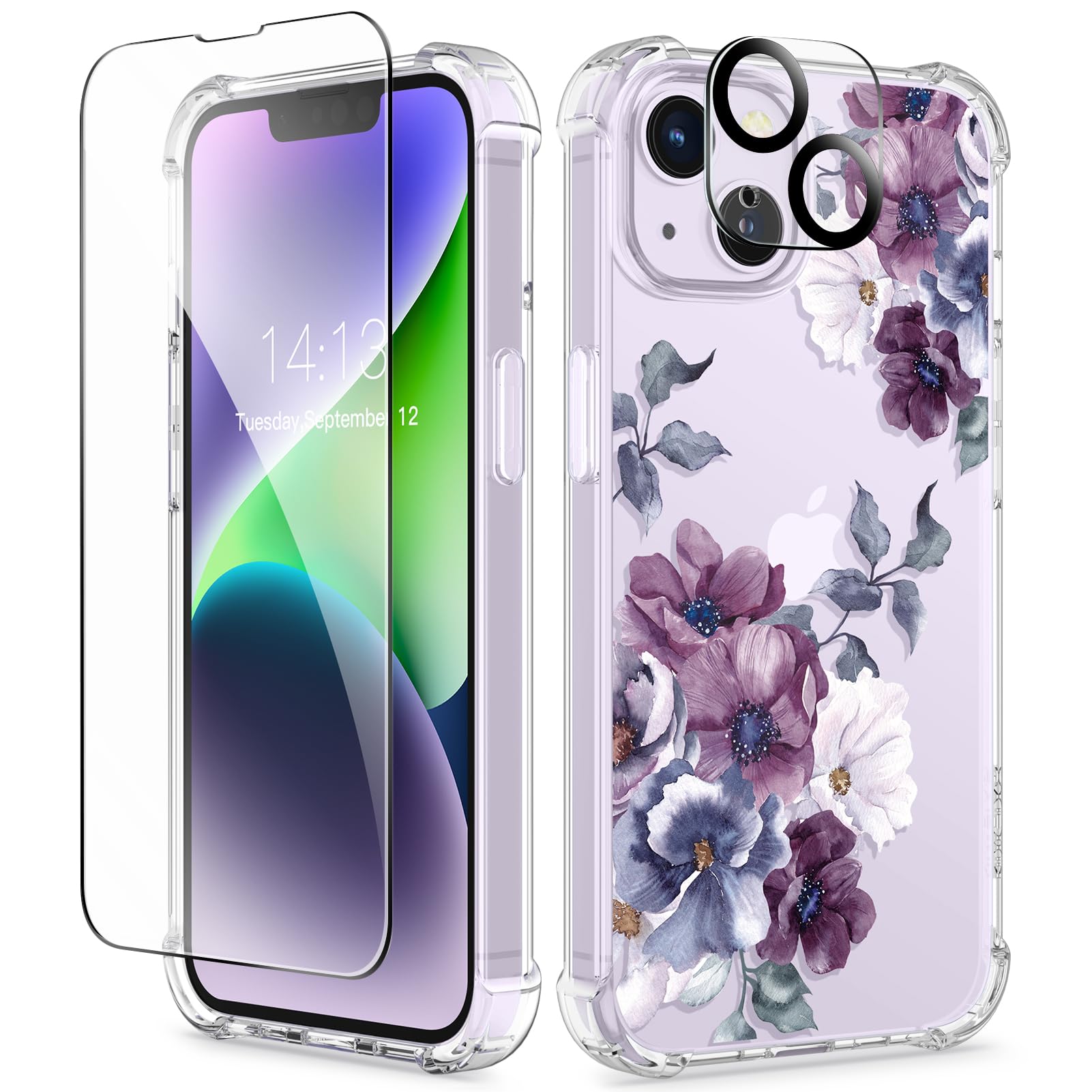 Gviewin For Iphone 14 Plus Case Floral, With Screen Protector + Camera Lens Protector, Soft Slim Clear Flower Shockproof Full Bo