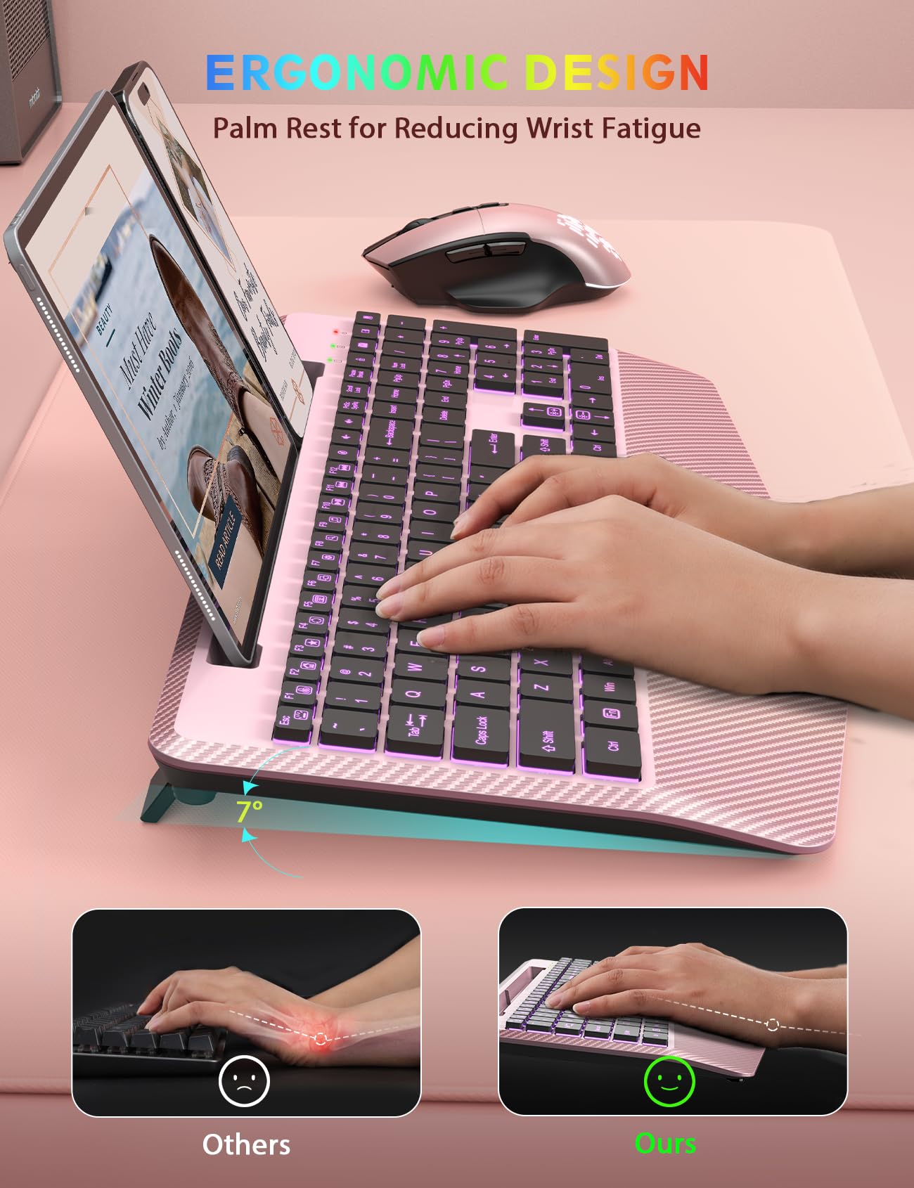 Wireless Keyboard And Mouse Backlits, Wrist Rest, Jiggler Mouse, Rechargeable Ergonomic Keyboard With Phone Holder, Silent Light