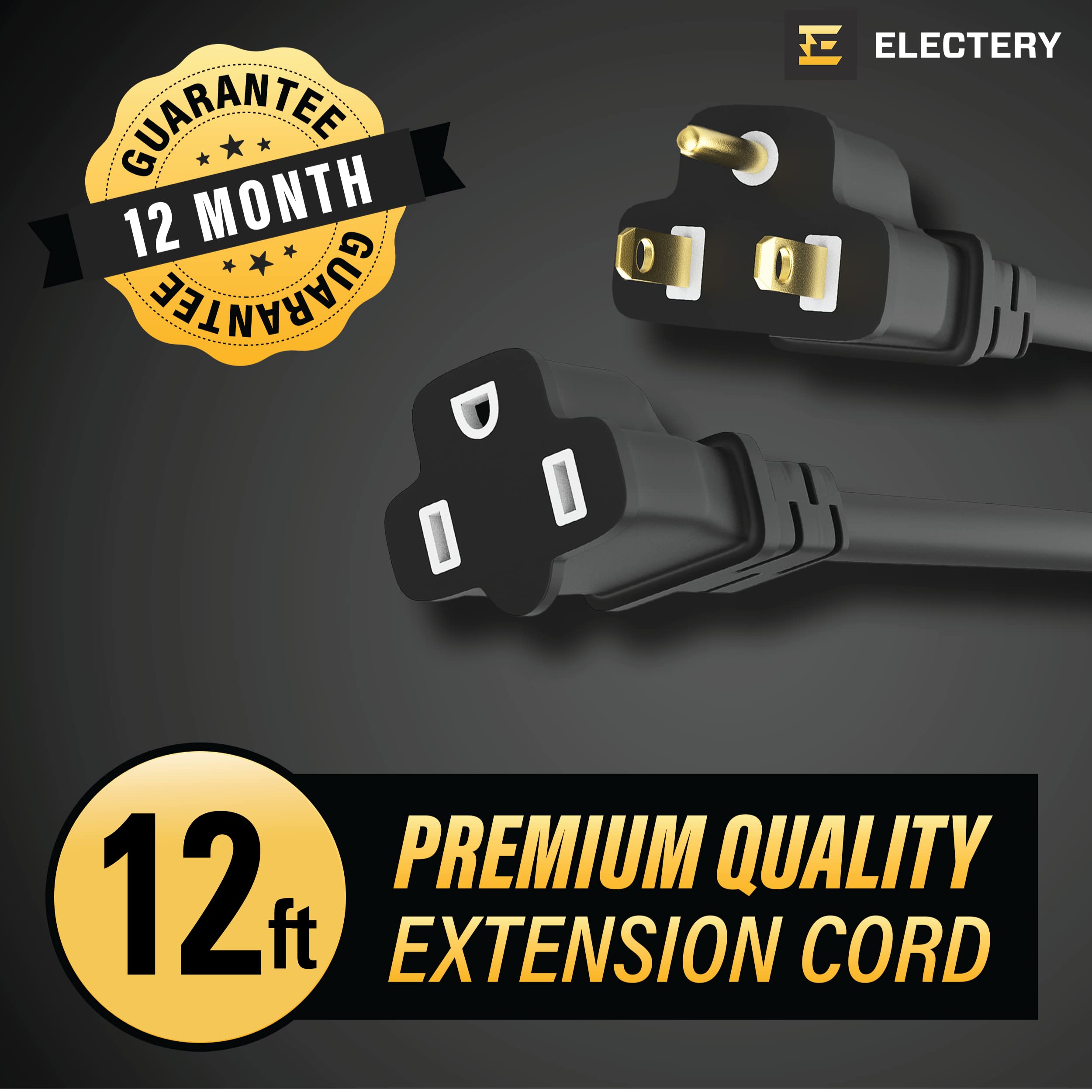 Black Extension Cord 12 Ft 16/3 Sjtw 3 Prong Outdoor Extension Cord 10+ Ft   13 Amps, 125V, Power Cord   Flexible Waterproof Wea