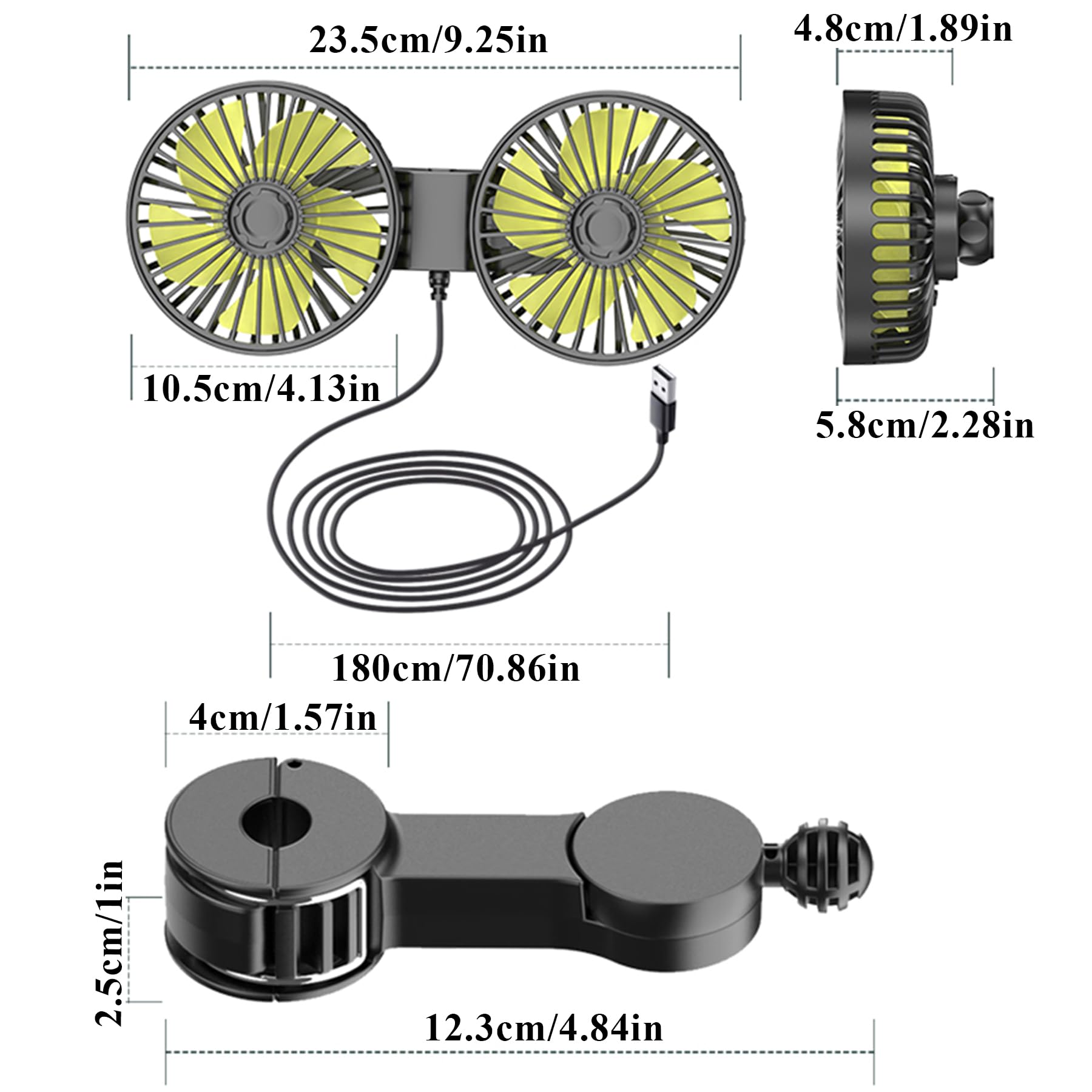 Asandh Car Fan, Dual Head Usb Car Fans For Backseat For Kids, 3 Speed Air Speed And 360 Rotating Rear Seat Cooling Carseat Fan 5