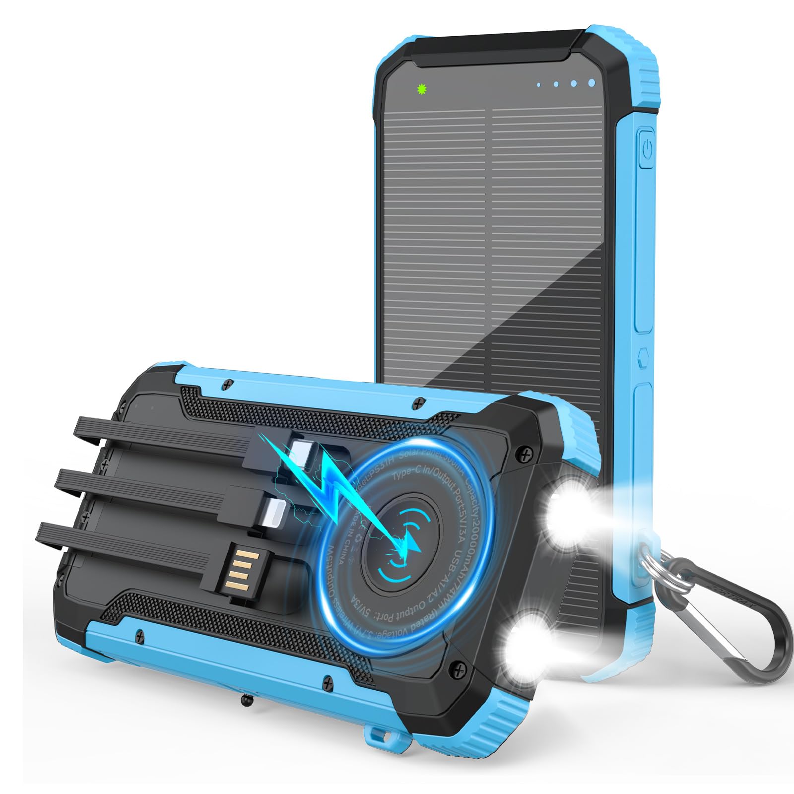 Solar Power Bank 20000mAh, Portable Charger with Builtin 3 Cables (USBC/Lightning/MicroUSB), 15W Fast Charge, Battery Pack fo