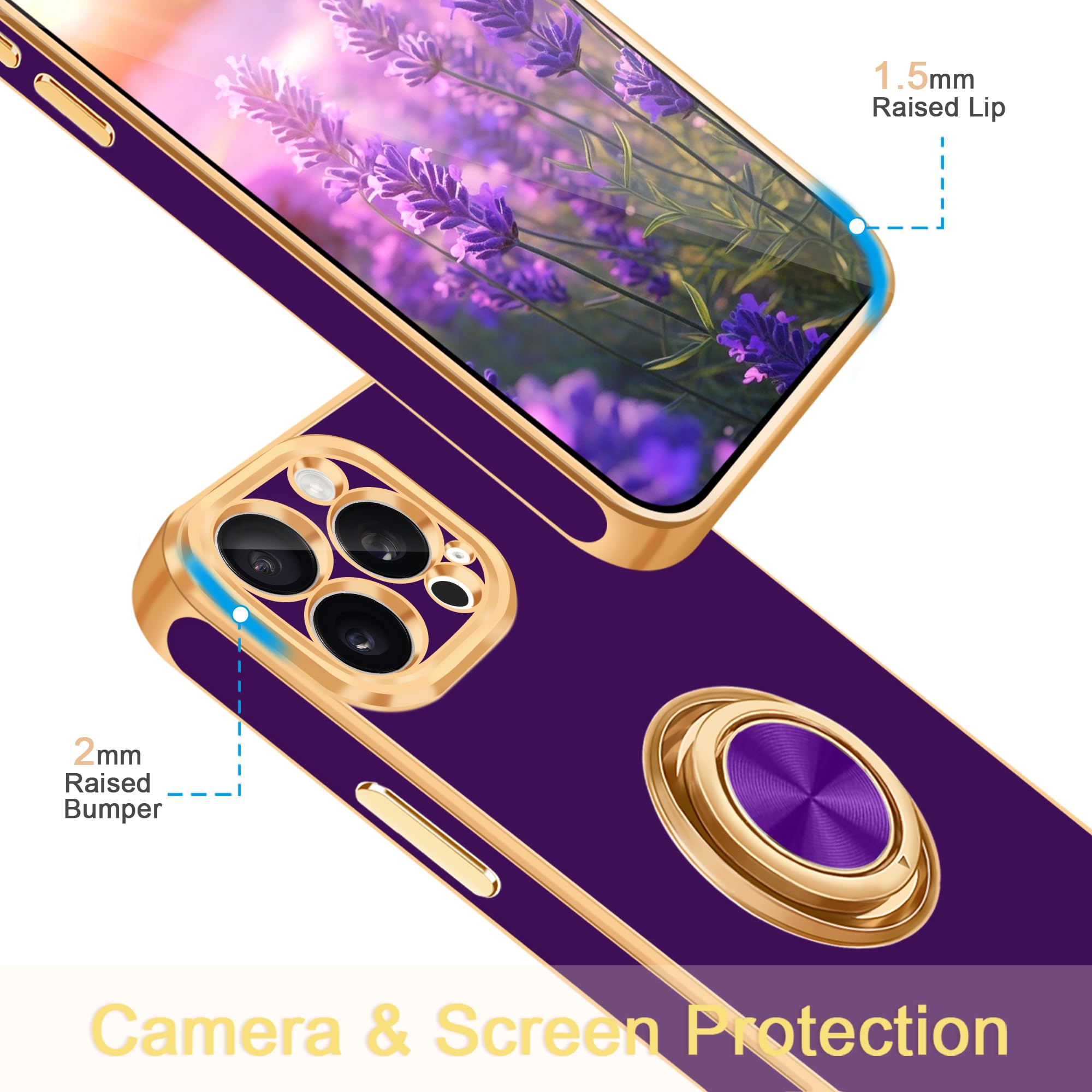 Fingic For Iphone 15 Pro Phone Case[With 360Ring Holder][Support Magnetic Car Mount] Cute Kickstand Slim For Women Girls Nonslip