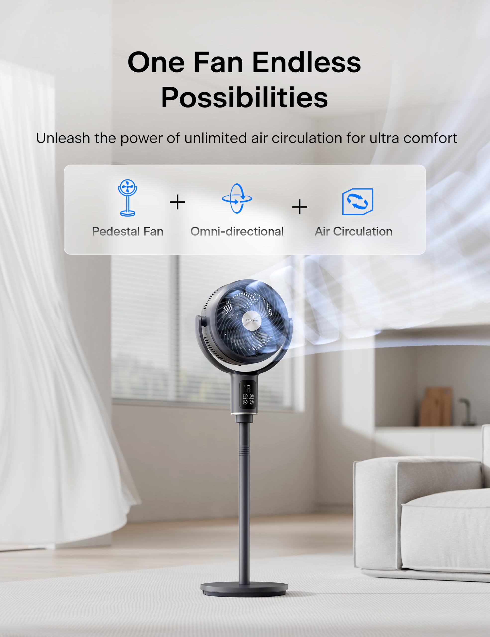 Pelonis Aerofan Pedestal Air Circulator For Bedroom   Oscillating Standing Fan With Remote Control, Led Display, 9 Speeds, 20Db,