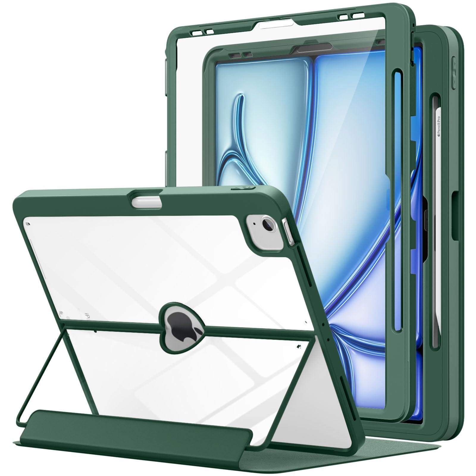 MoKo for iPad Air 13 Inch Case M2 2024 with Pencil Holder, iPad Air 13 Case, [Built in Screen Protector], iPad Air 13' Case with Clear Back & Magnetic Multi Angle Stand Cover, Midnight Green