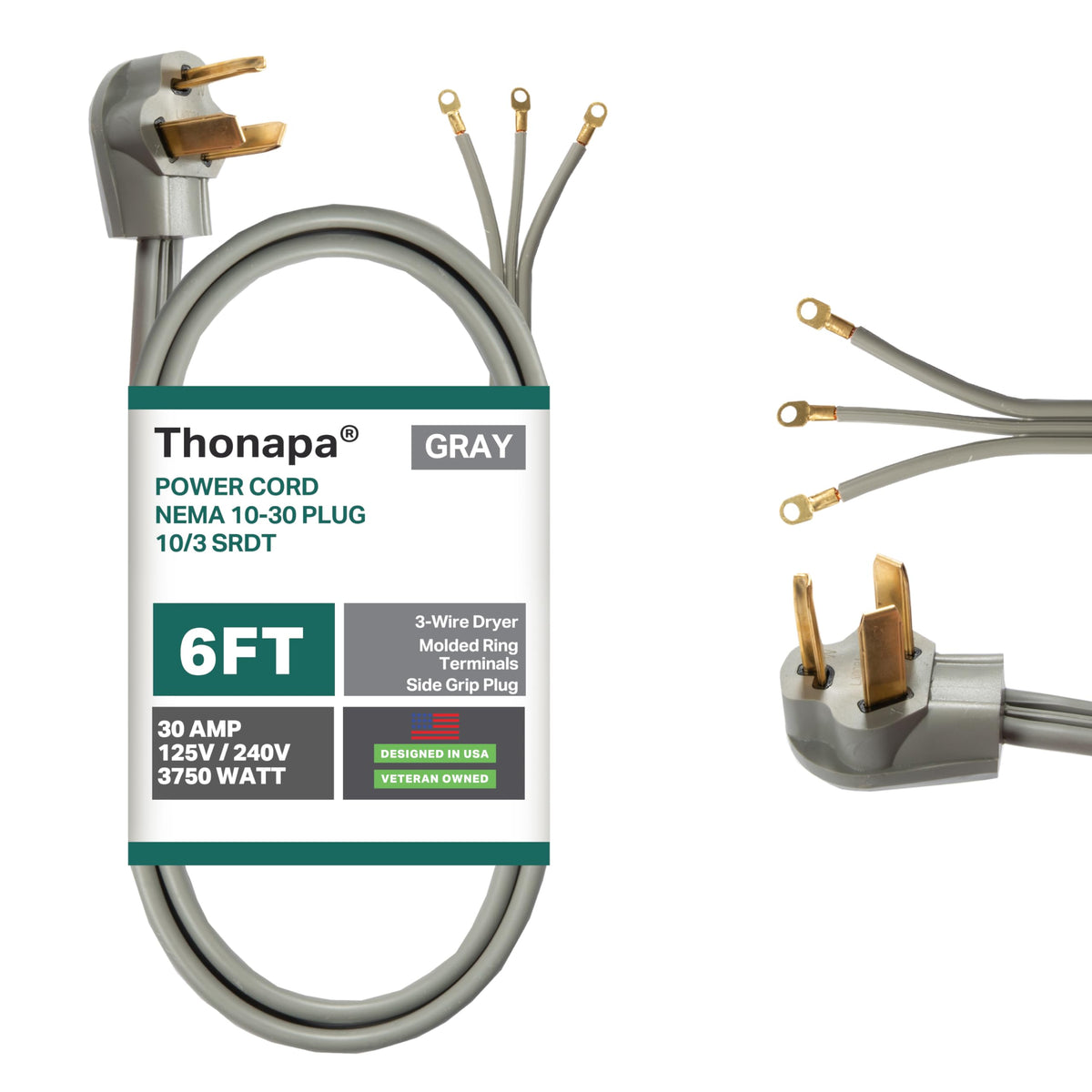 Thonapa 3 Prong Dryer Cord 6 Ft, 30 Amp Appliance Extension Cord 3 Prong 6 Foot, Nema 10 30 Plug, 10/3 Srdt Gray Dryer Power Cor