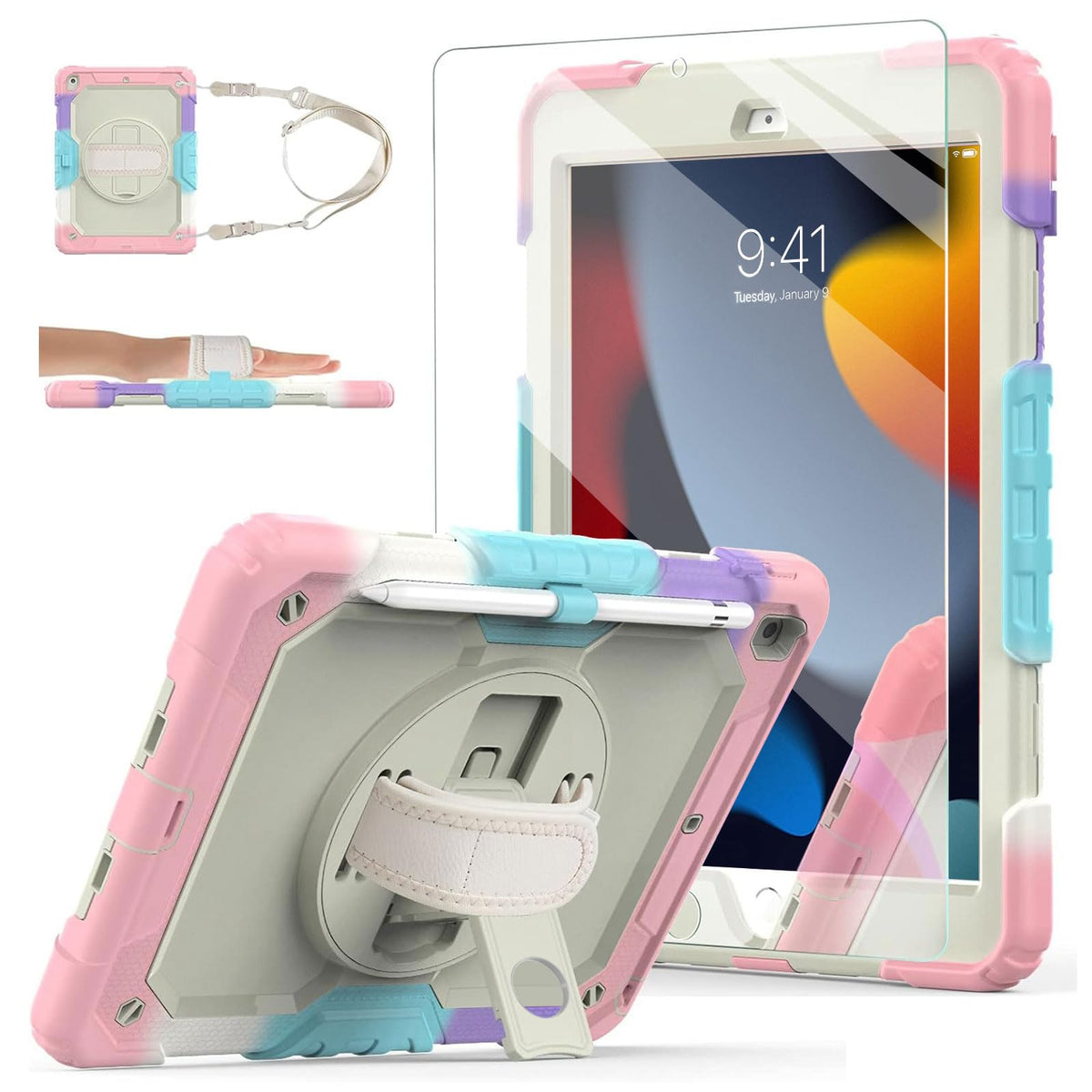 Ambison Case For Ipad 9Th/8Th/7Th Generation 10.2'' 2021/2020/2019, [Kid Proof] Full Body Protective Case With 9H Tempered Glass Screen Protector, 360° Rotatable Kickstand & Hand Strap (Light Pink)