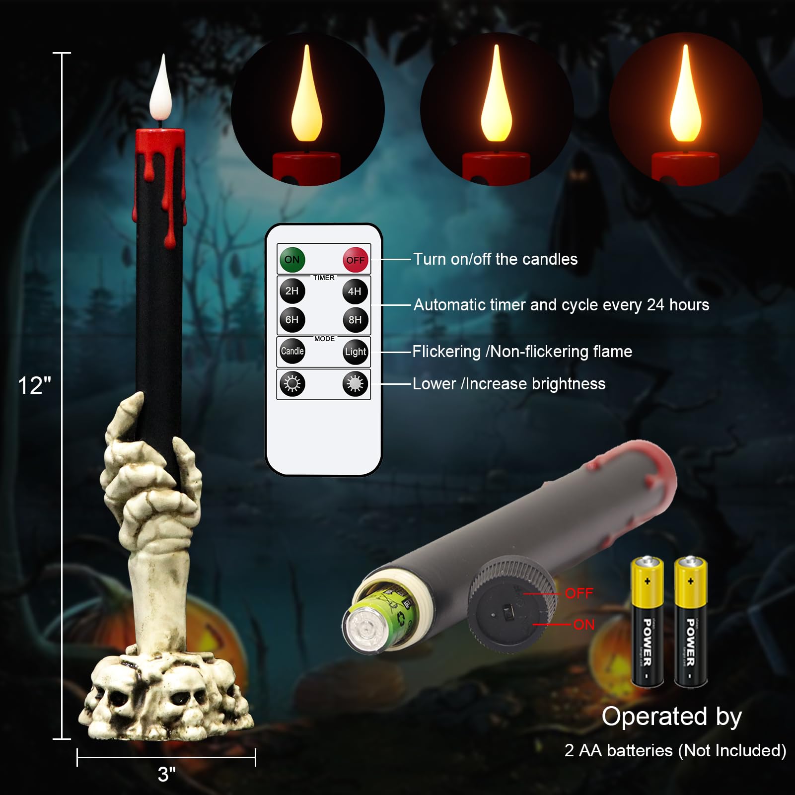 Wondise Halloween Flameless Taper Candles With Remote And Timer, Black Battery Operated Dripping Wax Led Flickering Candles With