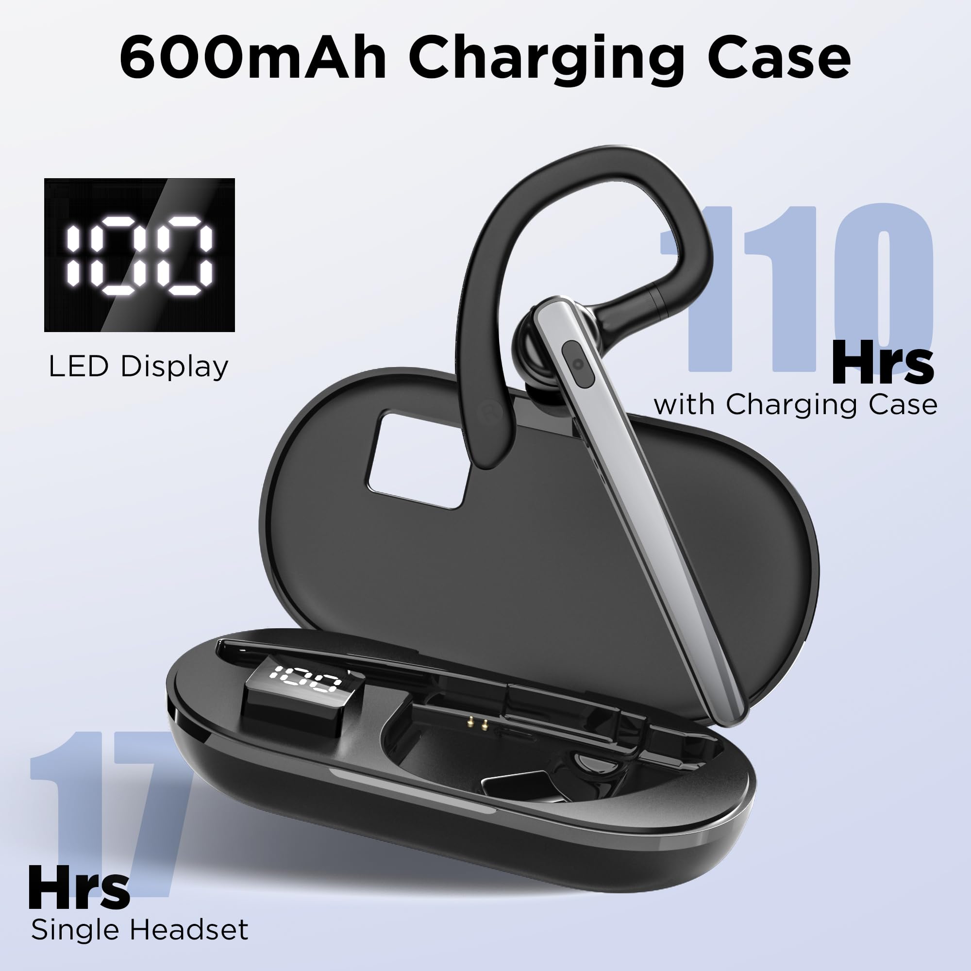 Terunsoul Bluetooth Headset V5.3, Wireless Bluetooth Earpiece With 600Mah Charging Case, 110H Playtime, Hands Free Headset For C