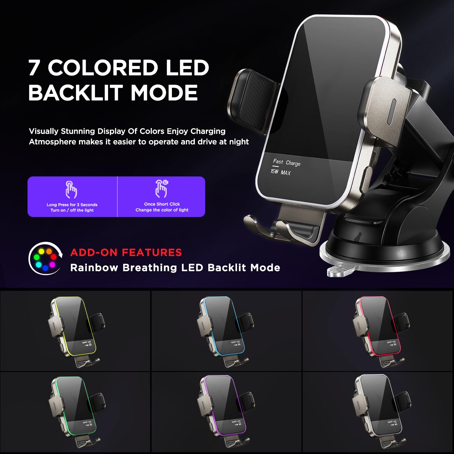 Wireless Car Charger,?7 Colored Rgb Backlit? 15W Auto Clamping Car Charger Phone Mount Holder For Iphone 15 14 13 12 Mini Pro Ma