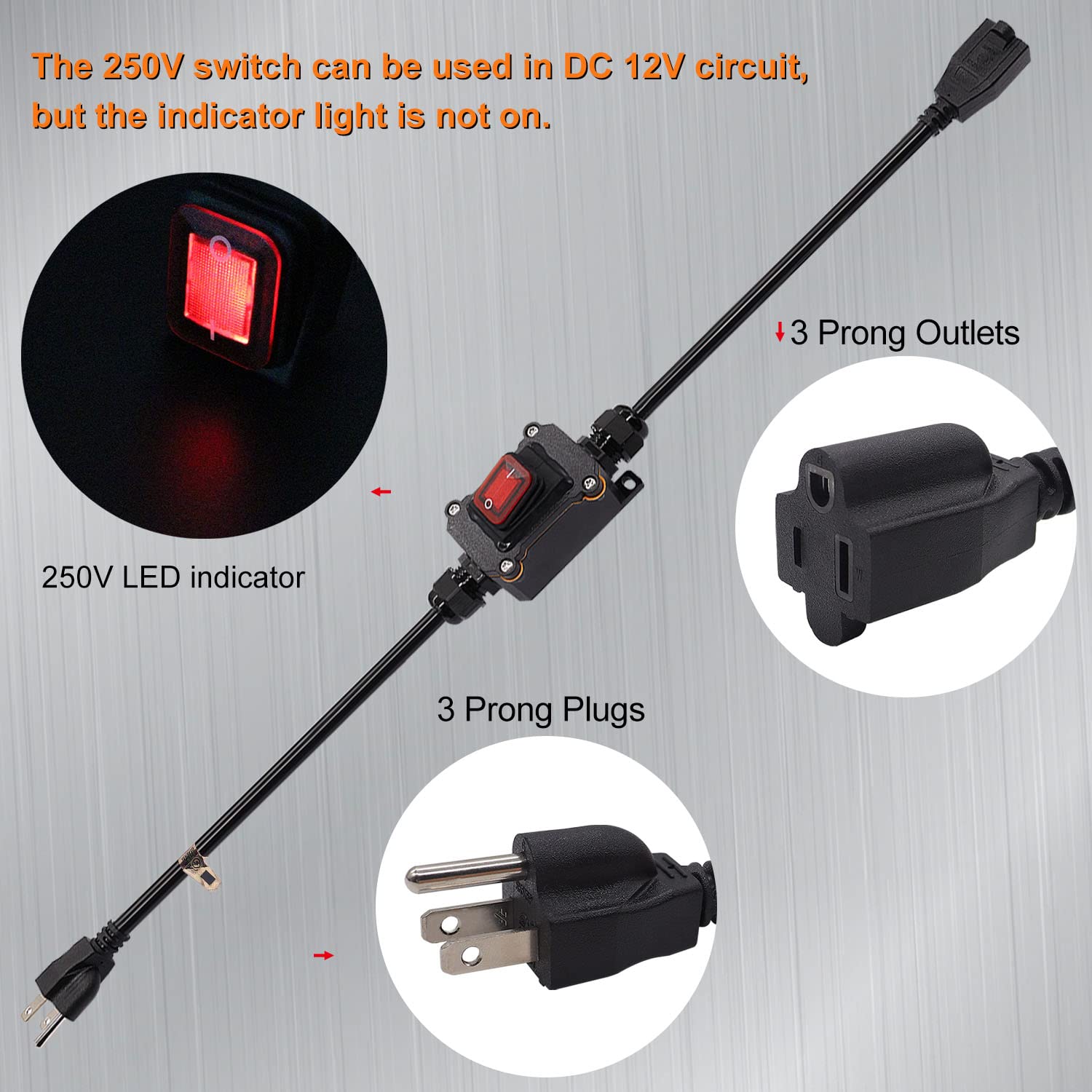 Weideer Extension Cord With Inline Switch On/Off Ip67 Waterproof 20A 250V 16Awg 2Ft 3Pin Outlets Plugs Power Cord Red Led Rocker