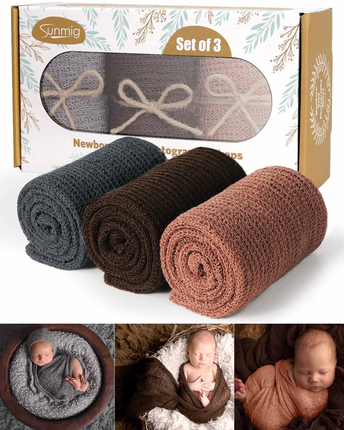 Sunmig Newborn Photography Props, 3 Pcs Baby Stretch Wraps, Professional Baby Photo Props Long Ripple Wrap, For 0 6 Months Baby