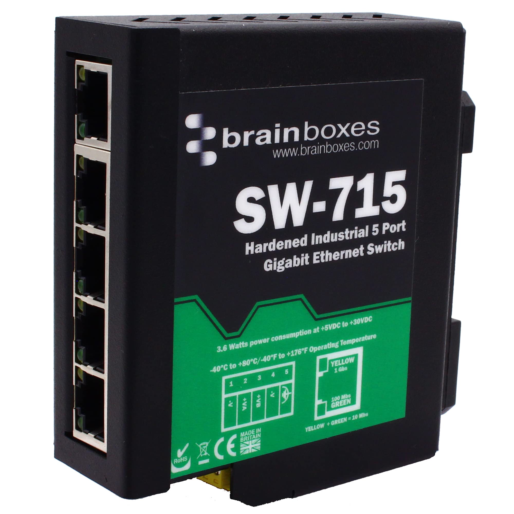 Brainboxes - SW-715 - Brainboxes Hardened Industrial 5 Port Gigabit Ethernet Switch DIN Rail Mountable - 5 Ports - TAA Compliant