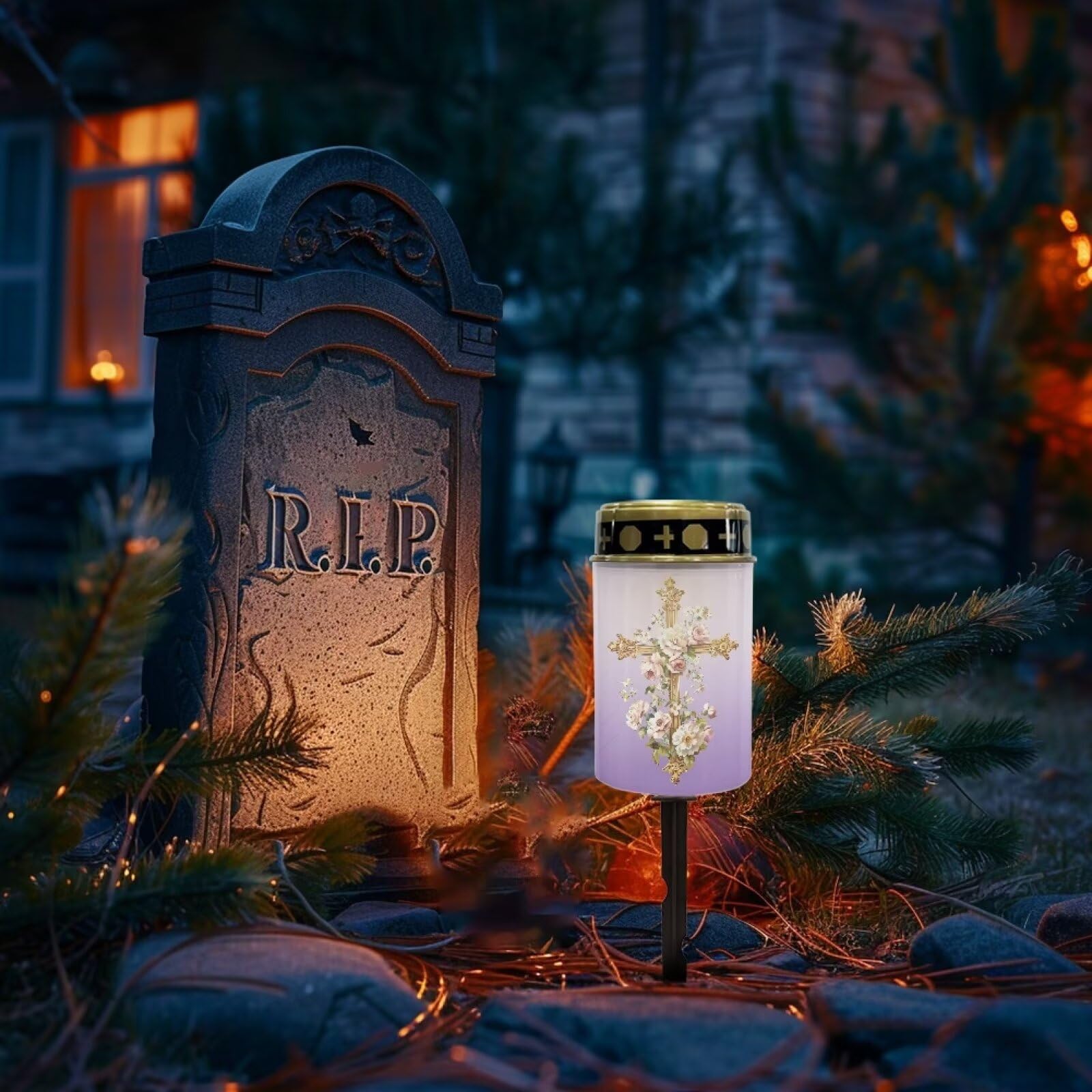 Uorisanigo Cross And Floral Solar Grave Lights For Cemetery Flameless Solar Powered Light For Prayer Waterproof Cemetery Solar L