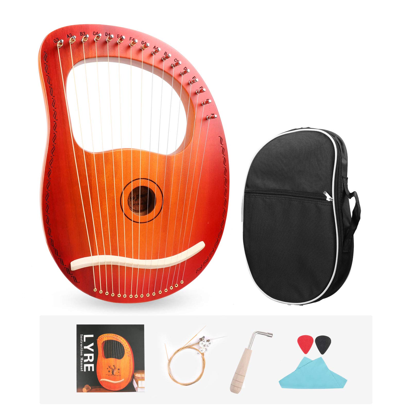 Mr.Power Lyre Harp Ancient Greece Style 16 Metal Strings Lyre With Tuning Wrench Extra String Set And Gig Bag (16 String, Sunburst)