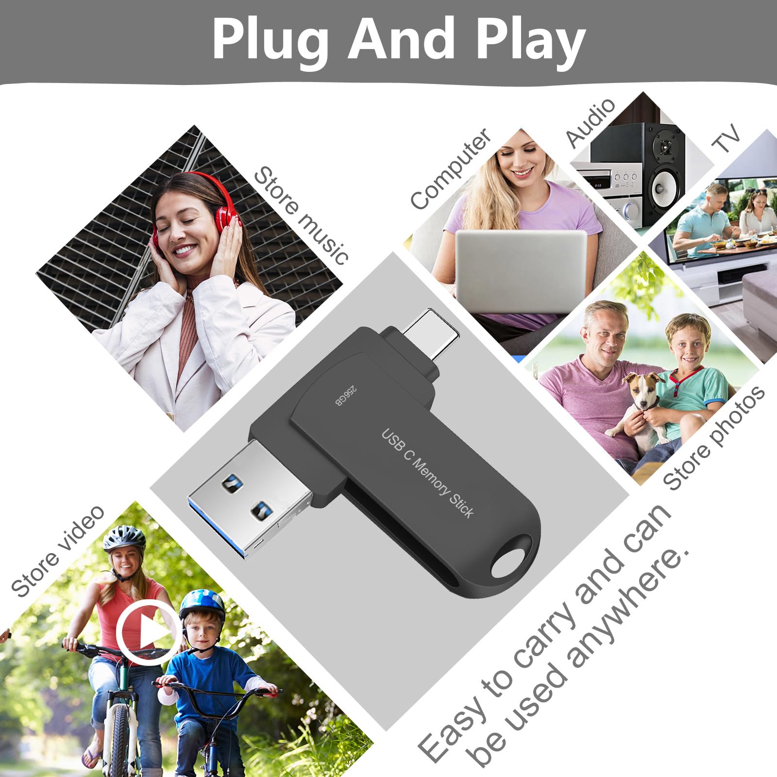 Flash Drive 256Gb For Phone, Hunpins Usb C Thumb Drive 170M/S Hight Speed, Multi Port Memory Stick Compatible Android Phone/Tabl