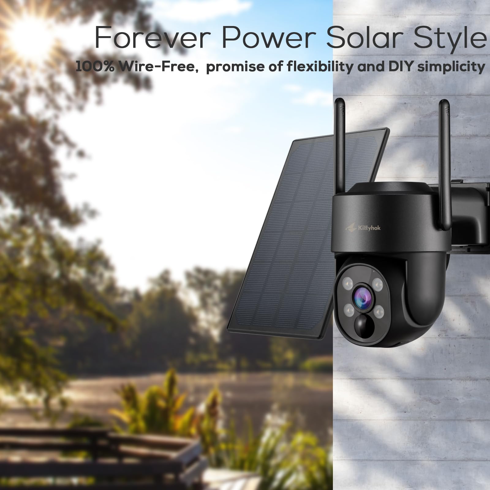 Kittyhok Solar Camera Security Outdoor | 2K Black Wireless Security Camera Outdoor, Solar Powered, 360 Viewing, Human Detection,