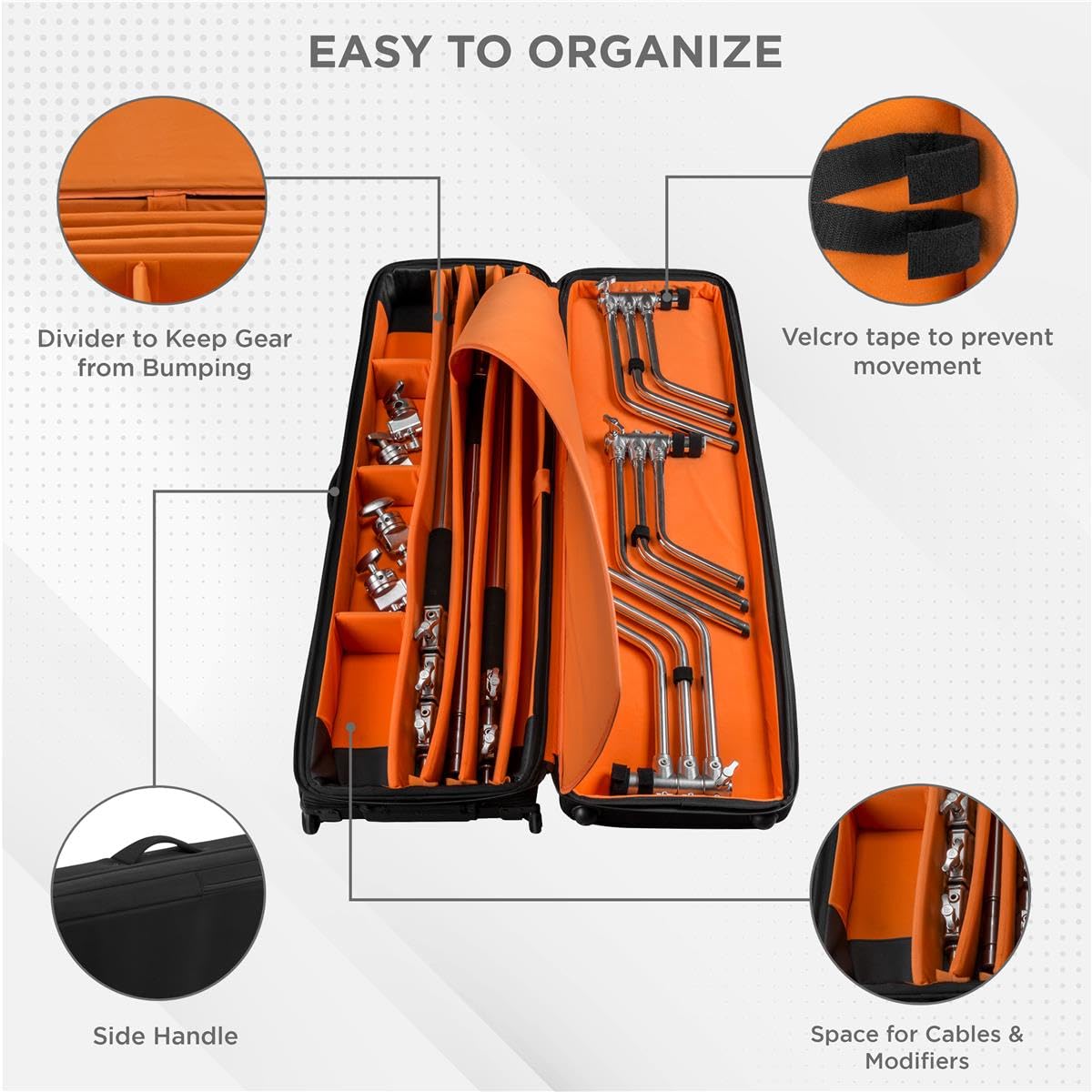 Slinger L6 Bigbag Light Stand Rolling Case For Three C Stands, Black, Carrying Case For Light Stands Features Bright Orange Inte