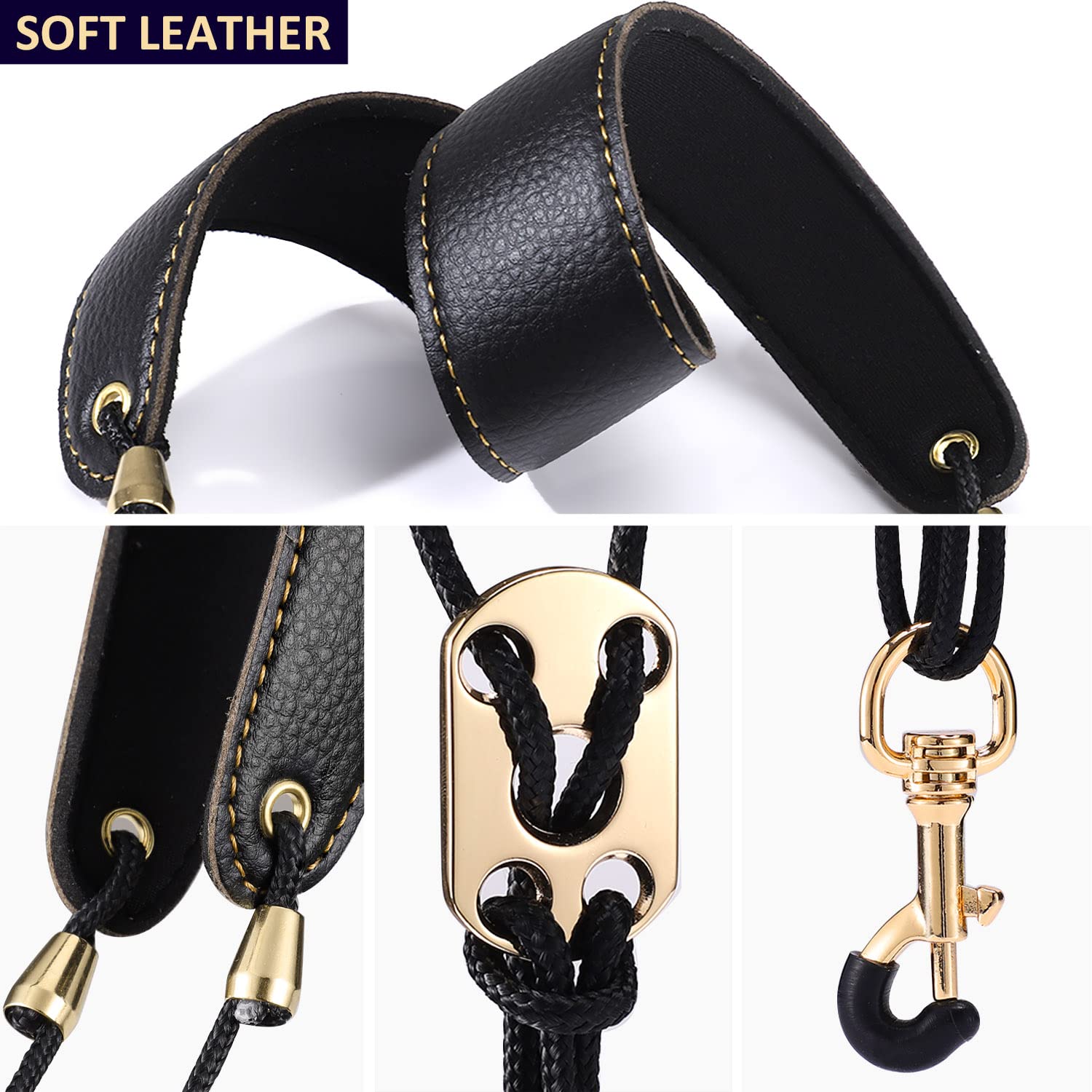 Facmogu Black Leather Sax Neck Strap, Premium Neck Padded Sax Strap For Baritone Alto Tenor Soprano Baritone, Adjustable Saxophone Neck Padded With Protective Metal Buckle