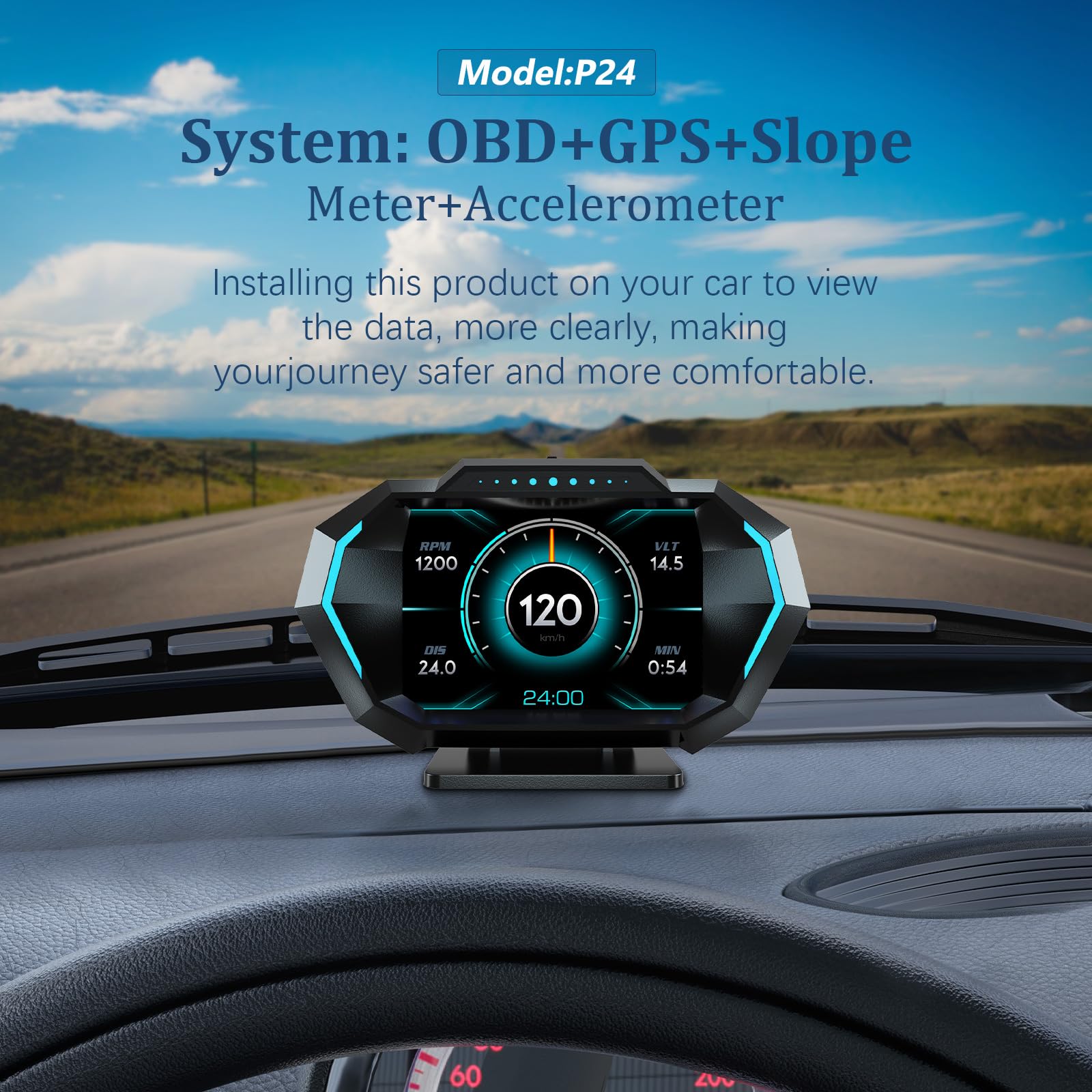 Azijyv Obd2 Gauge Display With Speed, Heads Up Display For Cars P24, Fuel Consumption, Rpm, Overspeed Alarm, Obd+Gps Digital Spe