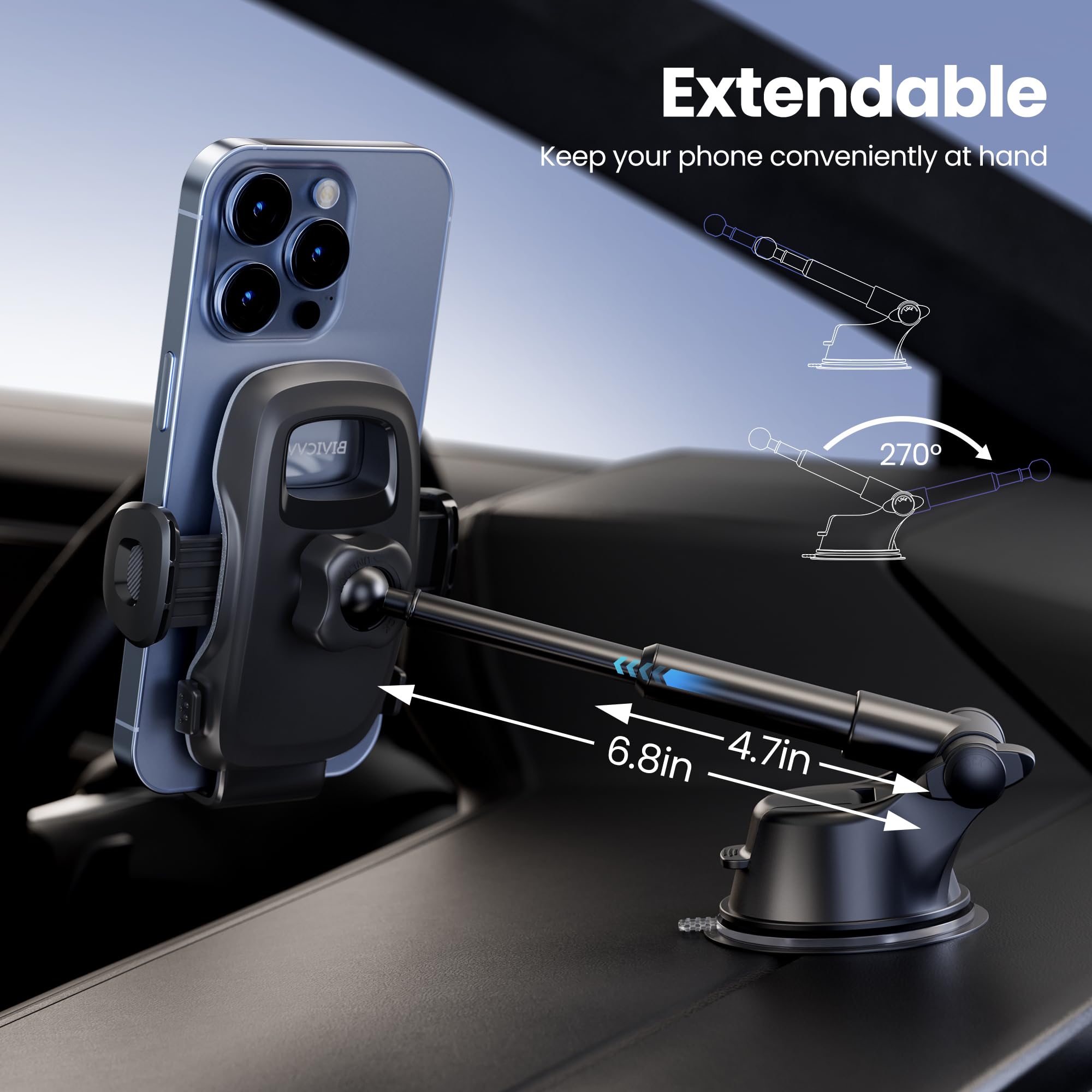 Car Phone Holder, Phone Holders For Your Car Dashboard Windshield, 360 Adjustable (4.8-7'') Telescopic Arm, Suction Cup Cell Pho
