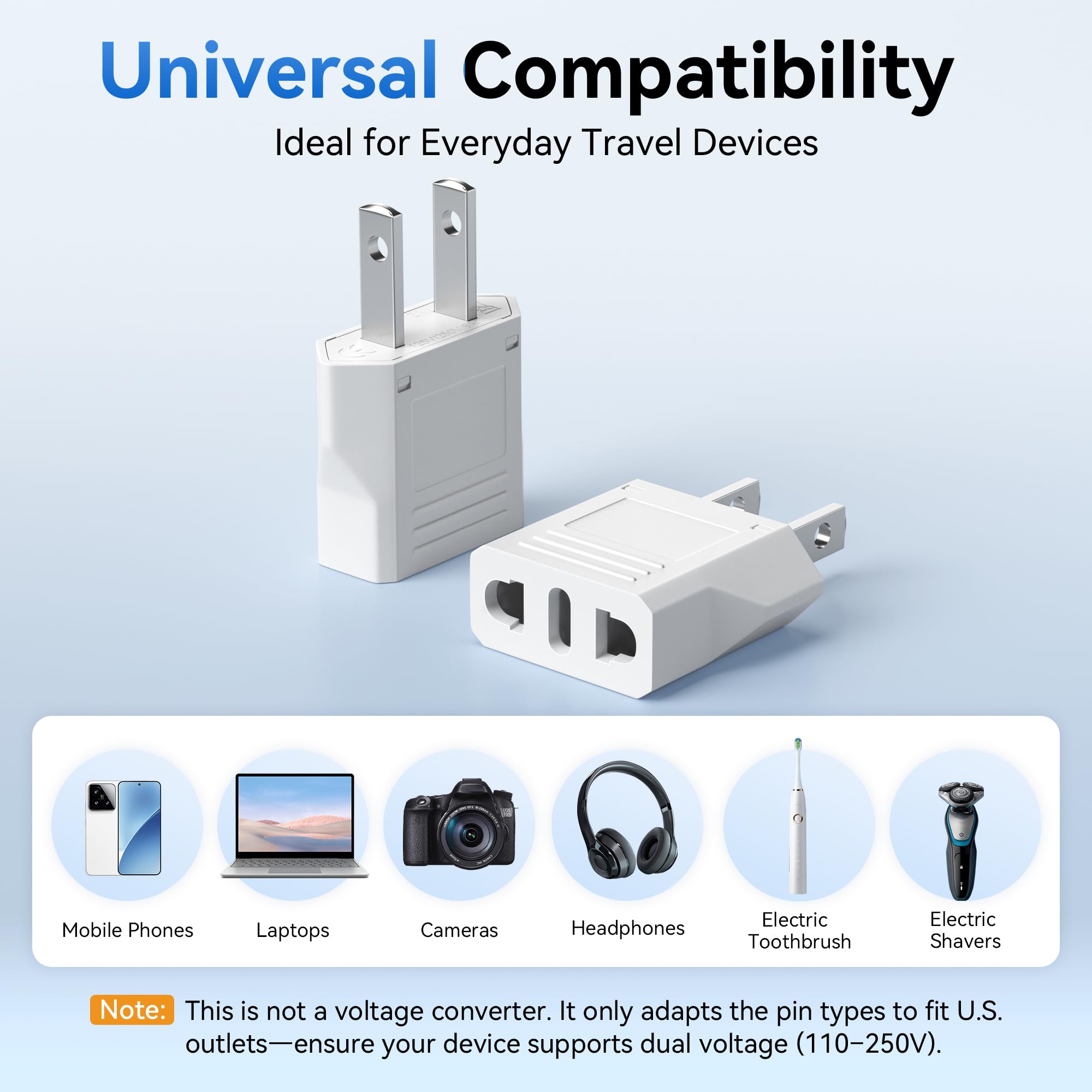 Unidapt Us Plug Adapter, European To Usa Travel Plug Adapter, Europe To America, Mexico, Japan, Canada Power Outlet Adapters Wall Plugs, Type A 4 Pack White