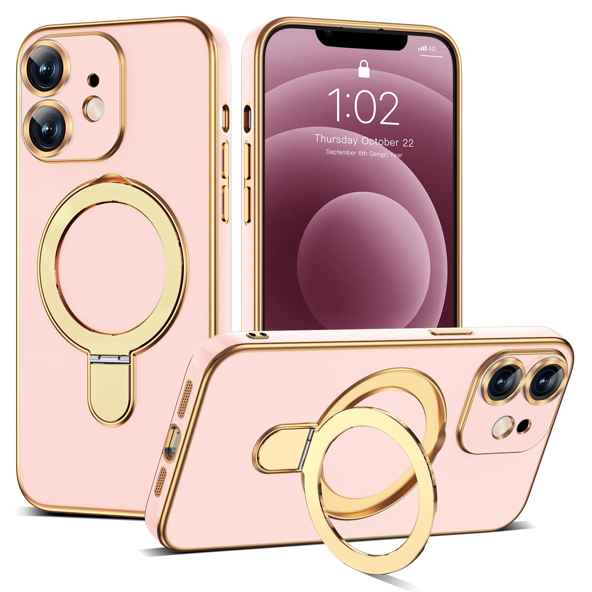 ETPESOK Compatible with iPhone 12 Case with Magnetic Ring Stand [Compatible with Mag-Safe] [Full Camera Lens Protector] Soft Pla