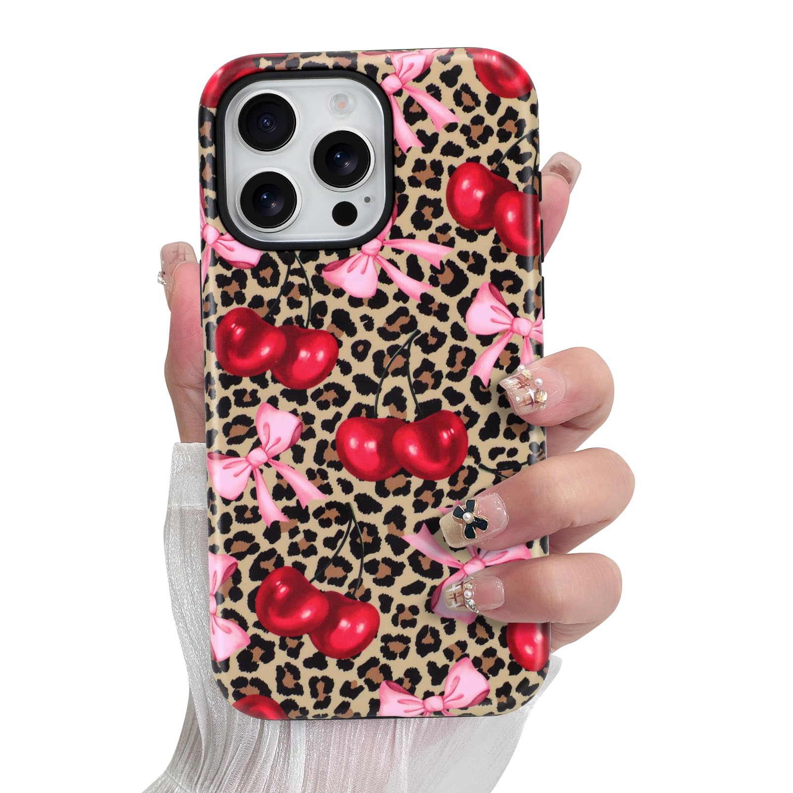 SOKAD Magnetic Cherry Bow Phone Case for iPhone 15 Pro Max, Cute Cherry Pink Bow Vintage Leopard Pattern Compatible with Magsafe